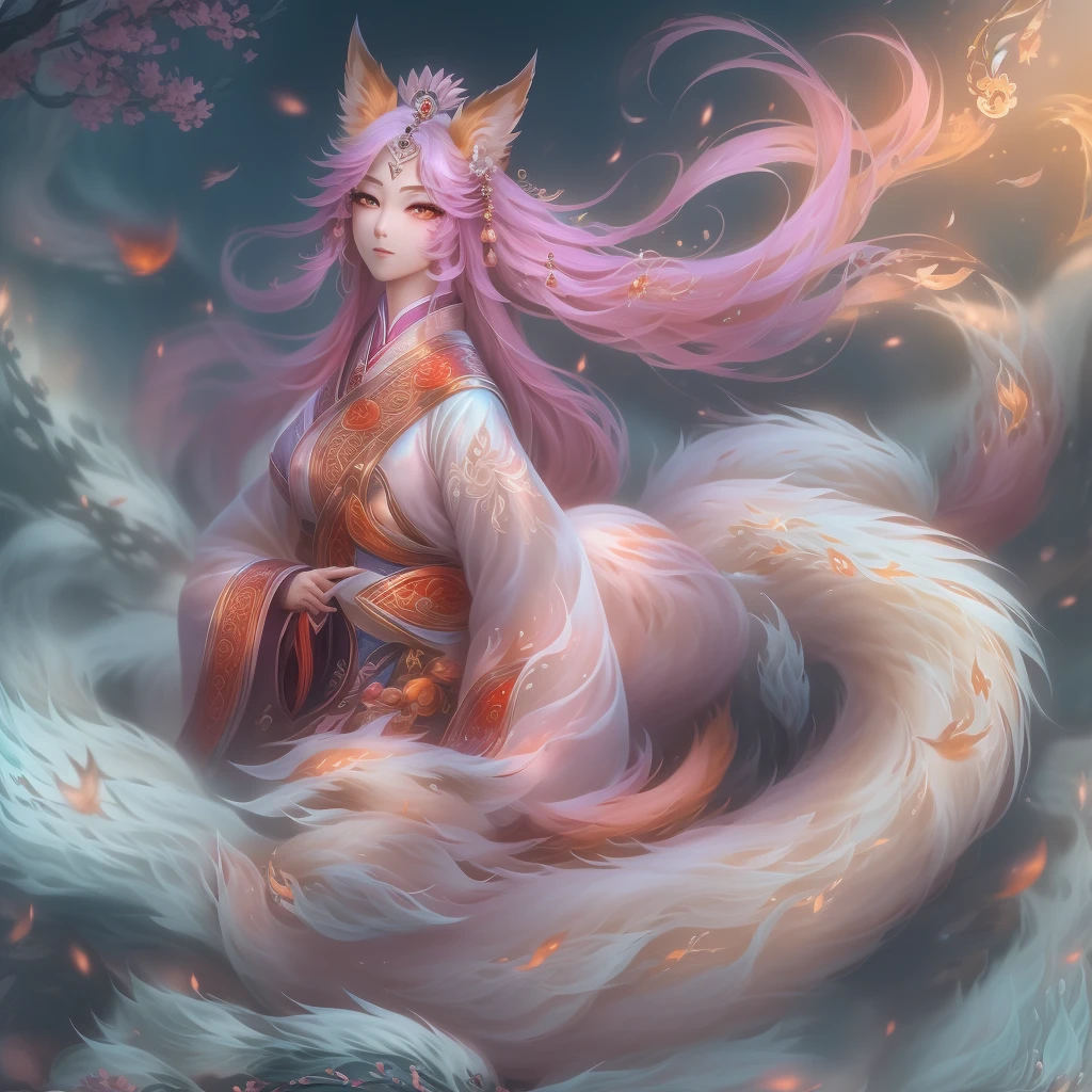 nine tail fox，This mysterious legendary creature，From ancient Chinese mythology，Has nine tails，Changing image，Often depicted as a beautiful and moving female form。Her eyes sparkled with a cunning light，the corners of your mouth rise slightly，As if there is some hidden secret。She has a graceful figure，Skin like snow，Gives people a noble and elegant feeling。The tail of the nine-tailed fox is like her status symbol，Each tail is dotted with gorgeous hair scales，coloured with lots of colour，Sway with the wind，Looks very enchanting。In the legend，The nine-tailed fox has extremely high intelligence and magical power，It can benefit mankind，It can also bring disaster to the world。Therefore，She is a mysterious and legendary character in Chinese mythology。