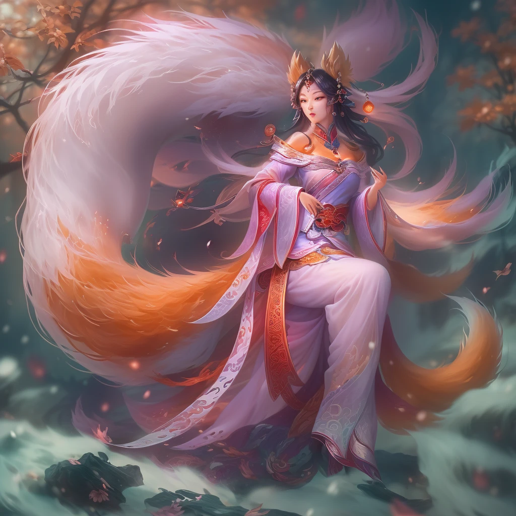 nine tail fox，This mysterious legendary creature，From ancient Chinese mythology，There are nine tails，change image，Often depicted as beautiful and moving female figures。Her eyes sparkled with a cunning light，the corners of your mouth rise slightly，It seems like there is some hidden secret。She has a graceful figure，Skin like snow，It gives a feeling of nobility and elegance。The tail of the nine-tailed fox is like a symbol of her identity，Each tail is dotted with gorgeous hair scales，Color with many colors，Swing with the wind，Looks very charming。Legendary，The nine-tailed fox possesses extremely high intelligence and magical power，it can benefit mankind，It can also bring disaster to the world。Conque，She is a mysterious and legendary figure in Chinese mythology。