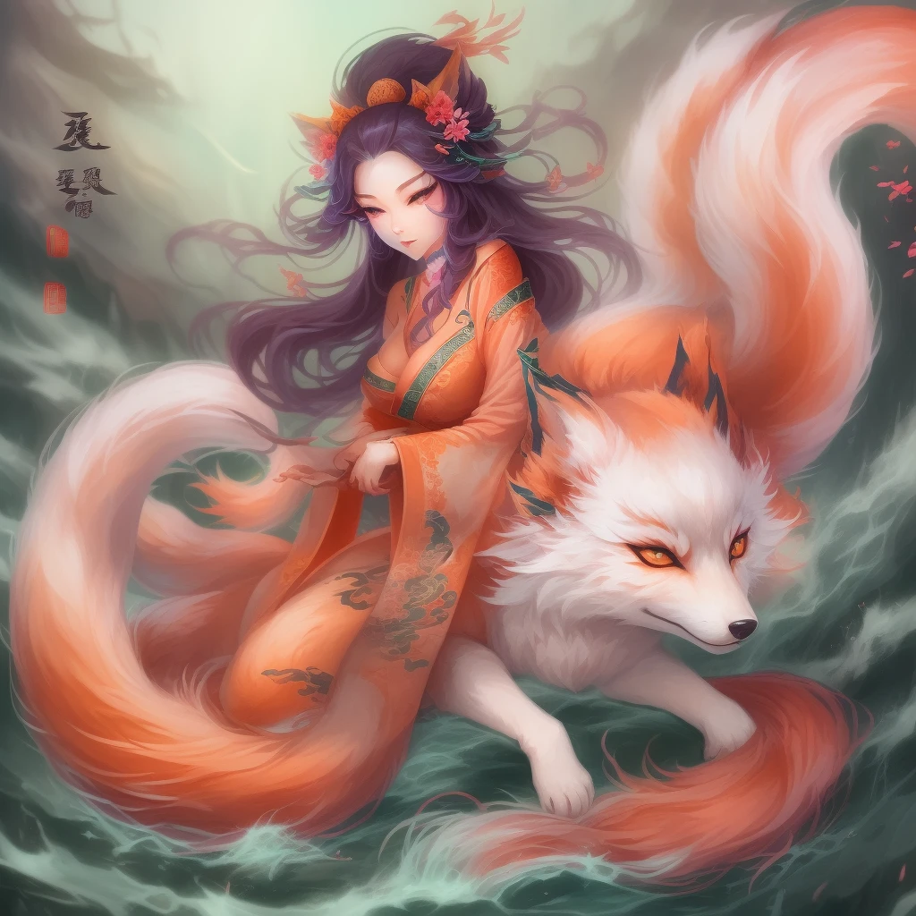 nine tail fox，This mysterious legendary creature，From ancient Chinese mythology，Has nine tails，Changing image，Often depicted as a beautiful and moving female form。Her eyes sparkled with a cunning light，the corners of your mouth rise slightly，As if there is some hidden secret。She has a graceful figure，Skin like snow，Gives people a noble and elegant feeling。The tail of the nine-tailed fox is like her status symbol，Each tail is dotted with gorgeous hair scales，coloured with lots of colour，Sway with the wind，Looks very enchanting。In the legend，The nine-tailed fox has extremely high intelligence and magical power，It can benefit mankind，It can also bring disaster to the world。Therefore，She is a mysterious and legendary character in Chinese mythology。