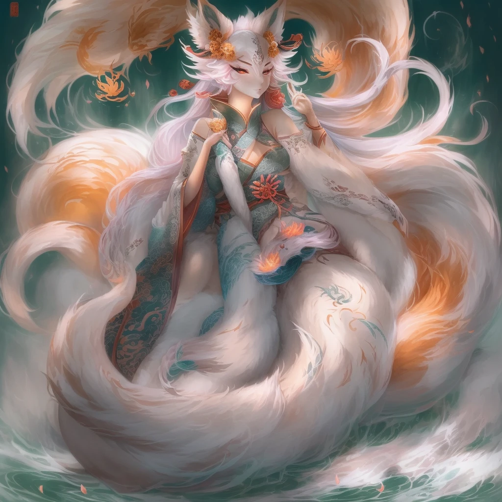 nine tail fox，This mysterious legendary creature，From ancient Chinese mythology，Has nine tails，Changing image，Often depicted as a beautiful and moving female form。Her eyes sparkled with a cunning light，the corners of your mouth rise slightly，As if there is some hidden secret。She has a graceful figure，Skin like snow，Gives people a noble and elegant feeling。The tail of the nine-tailed fox is like her status symbol，Each tail is dotted with gorgeous hair scales，coloured with lots of colour，Sway with the wind，Looks very enchanting。In the legend，The nine-tailed fox has extremely high intelligence and magical power，It can benefit mankind，It can also bring disaster to the world。Therefore，She is a mysterious and legendary character in Chinese mythology。