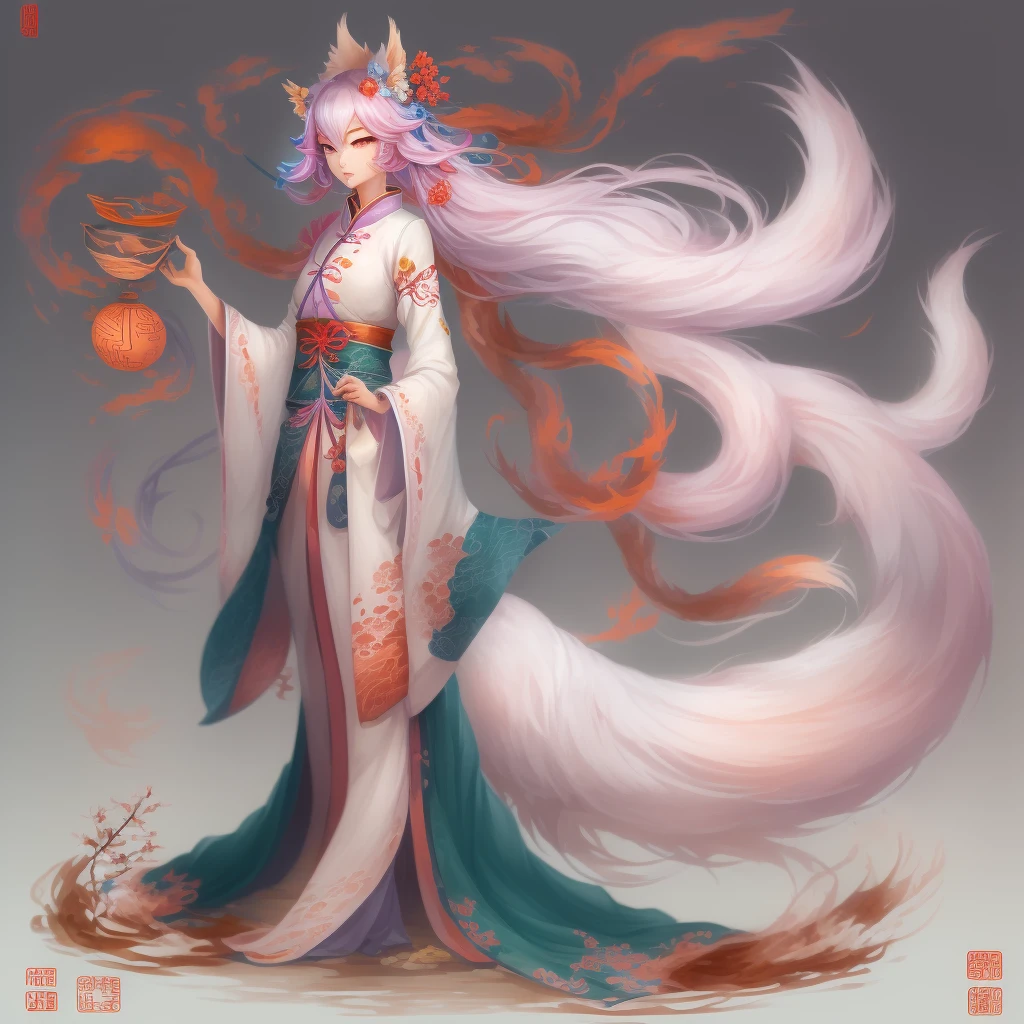 nine tail fox，This mysterious legendary creature，From ancient Chinese mythology，Has nine tails，Changing image，Often depicted as a beautiful and moving female form。Her eyes sparkled with a cunning light，the corners of your mouth rise slightly，As if there is some hidden secret。She has a graceful figure，Skin like snow，Gives people a noble and elegant feeling。The tail of the nine-tailed fox is like her status symbol，Each tail is dotted with gorgeous hair scales，coloured with lots of colour，Sway with the wind，Looks very enchanting。In the legend，The nine-tailed fox has extremely high intelligence and magical power，It can benefit mankind，It can also bring disaster to the world。Therefore，She is a mysterious and legendary character in Chinese mythology。