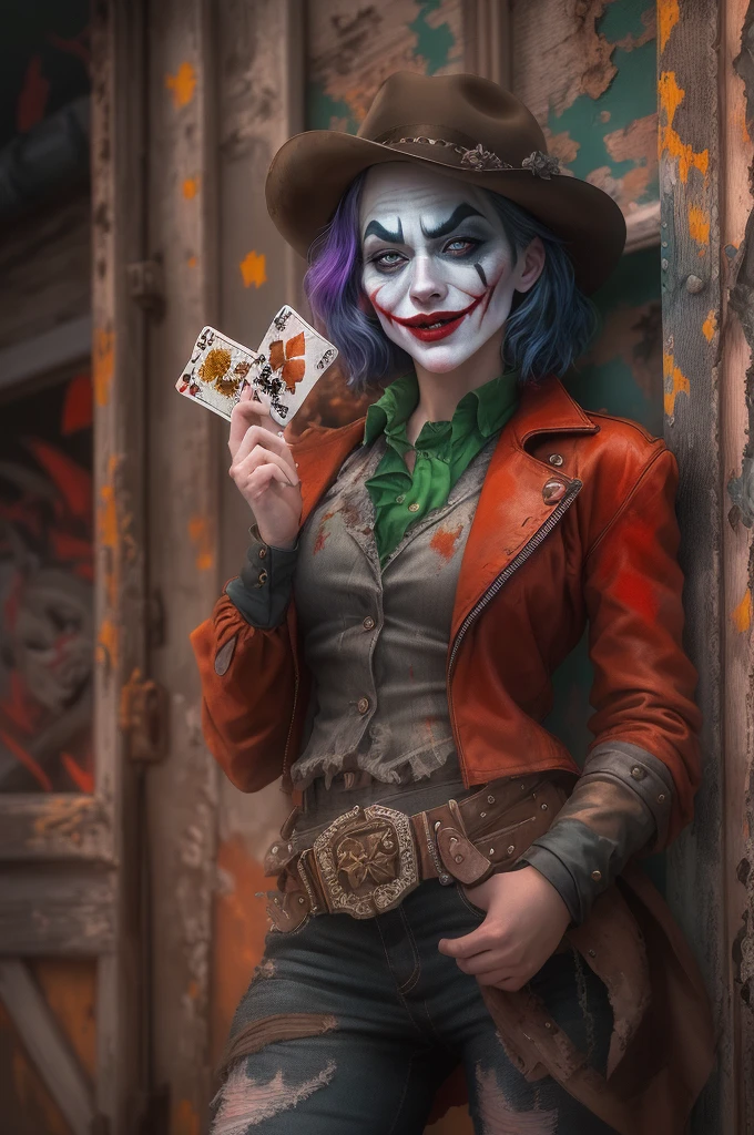 A girl with a cowboy-themed Joker interpretation, wearing elaborate makeup and a signature Joker smile, posing confidently with a deck of cards. She has vibrant, green eyes that exude a mischievous glint, and her lips are painted in a bright, bold red color. Her face is full of intricate details and emotions, capturing the essence of the Joker's eccentricity and unpredictability.

The artwork is created with a mix of digital illustration and oil painting techniques, giving it a unique and visually striking aesthetic. The medium used is a combination of traditional oil paints and digital rendering, resulting in a textured and richly layered artwork.

In the background, there is a Wild West-inspired setting, with barren desert landscapes, rugged mountains, and a twist of urban decay. The Joker girl stands in front of an old, weathered wooden saloon, covered in faded, peeling paint. The saloon's swinging doors and windows reveal a dimly lit interior, hinting at the mysterious world within.

The image is of the highest quality, with sharp details and vibrant colors in 4K resolution. Every brushstroke and texture is meticulously rendered, creating a photorealistic portrayal of the female Joker. The lighting is dramatic, with a play of shadows and highlights that accentuate the girl's features and the overall atmosphere of the scene.

The artwork is imbued with an artistic style that combines elements of realism and conceptual art. It captures the essence of the female Joker, blending the iconic characteristics of the character with a cowboy-themed twist. The color palette leans towards deep, moody tones, with pops of vibrant red and green to represent the Joker's signature colors.

Overall, the prompt paints a vivid and captivating image of a female Joker in a cowboy-inspired setting, showcasing her enigmatic charm and the duality of her character.