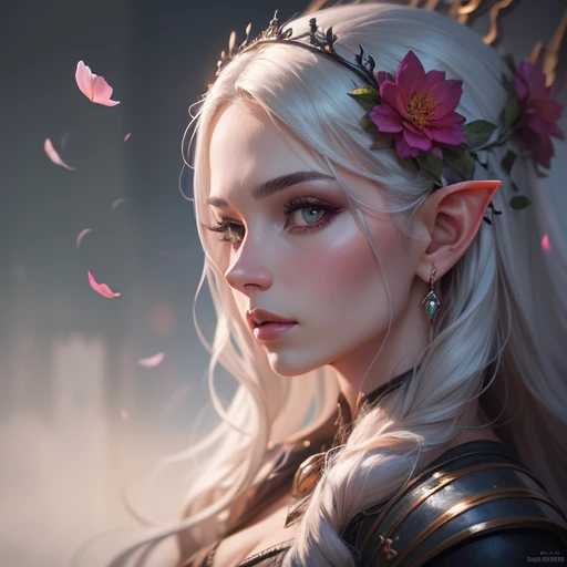 a woman with long hair and a flower in her hair, detailed matte fantasy portrait, fantasy concept art portrait, fantasy portrait art, Portrait of an elf queen, fantasy art portrait, dark fantasy portrait, art portrait epic fantasy portrait, fantasy portrait, inspired by WLOP, dark fantasy style art, beautiful fantasy art portrait, intricate wlop, beautiful fantasy portrait - (Waiting to start) --auto --s2