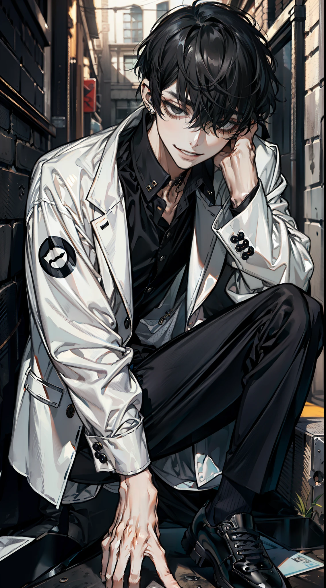 masterpiece, high quality, ultra detailed, 1boy, solo, dark black short hair, bangs cover one eye, mole under the lips, dark black eyes, grin mouth, white jacket, black T-shirt, black pants, white shoes, some tentacles behind his back, lots of piercings on his left ear, long slim legs, back alley, close up, face focus