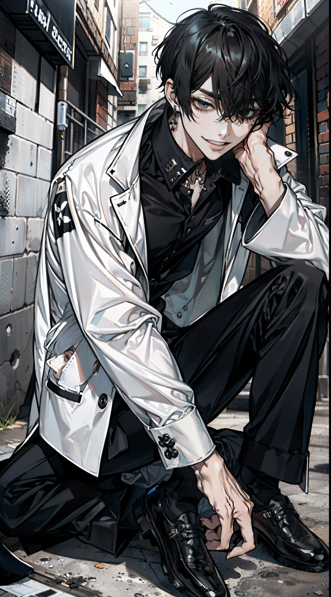 masterpiece, high quality, ultra detailed, 1boy, solo, dark black short hair, bangs cover one eye, mole under the lips, dark black eyes, grin mouth, white jacket, black T-shirt, black pants, white shoes, some tentacles behind his back, lots of piercings on his left ear, long slim legs, back alley, close up, face focus