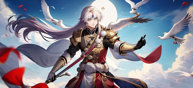 Anime character with a white bird on his shoulder, 《the original god》Zhongli in Zhongli, 《the original god》Keqing in, Handsome guy in the art of slaying demons, Genshin impact's character, Beautiful hermaphroditic prince, heise jinyao, Handsome prince, Exquisite androgynous prince, Inspired by Bian Shoumin, the original god, xianxia hero, Inspired by Huang Shen