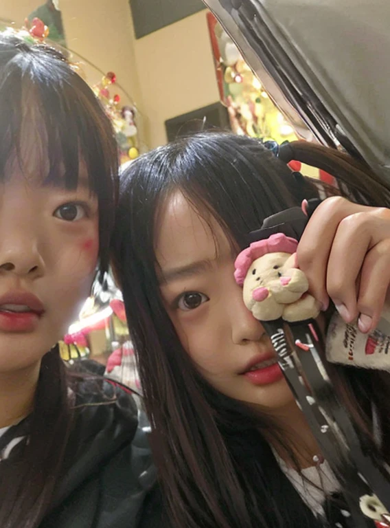 they are two girls holding scissors and a stuffed animal, kda and sam yang, profile pic, blurry image, yoshitomo nara and aya takano, blurry, captured on iphone, not blurry, non blurry, very very low quality picture, 😭 🤧 💔, student, roomies, ruan jia and brom, ruan jia and mandy jurgens