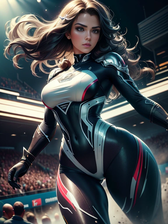 Unreal Engine 5 Realistic Rendering, Cosplayer, randome pose, race queen、Uniforme com logotipo、 Beleza requintada、beautiful face, Forma do corpo do modelo slim, Seios colossais, reluzente, corpo brilhante molhado, Cabelos brancos curtos, pele castanha escura, Neons、Large crowds、audience、Formando um imperador、Corrida de arrasto、Mid-Summer Racing Circuit、carro de corrida、Grau inferior、crowd、Espectadores、