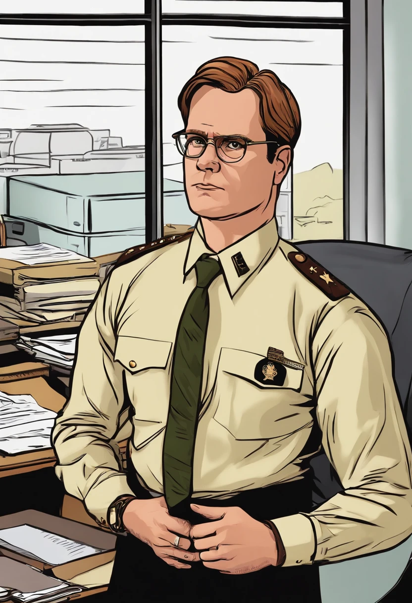 A photo of Dwight meticulously organizing his desk with military precision.,The Office,Dwight Schrute, another character from “The Office,” is known for his distinct, somewhat antiquated appearance: a stern expression, a rigid, formal posture, and usually dressed in a mustard-colored shirt and dark tie. His hairstyle is severe and practical, matching his no-nonsense attitude. , male