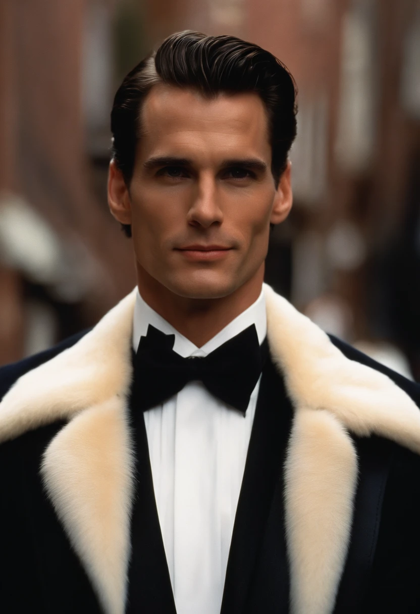 A close-up photo of a vintage fur coat hanging on a hook,American Psycho (2000 film),Patrick Bateman, the protagonist of “American Psycho,” is depicted as a quintessential 1980s Wall Street yuppie with a polished appearance: slicked-back hair, a chiseled, handsome face, and an impeccable wardrobe that underscores his obsession with status and material success. His physique is well-maintained with rigorous exercise, reflecting his vanity and concern with external perceptions. , male