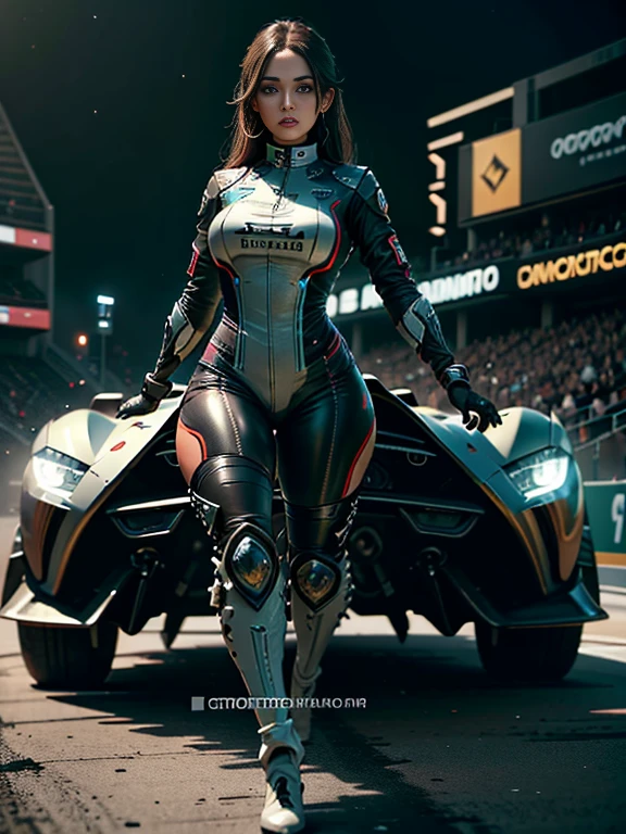 Unreal Engine 5 Realistic Rendering, Cosplayer, race queen、Uniforme com logotipo、 Beleza requintada、beautiful face, Forma do corpo do modelo slim, Seios colossais, reluzente, corpo brilhante molhado, Cabelos brancos curtos, pele castanha escura, Neons、Large crowds、audience、Formando um imperador、Corrida de arrasto、Mid-Summer Racing Circuit、carro de corrida、Grau inferior、crowd、Espectadores、