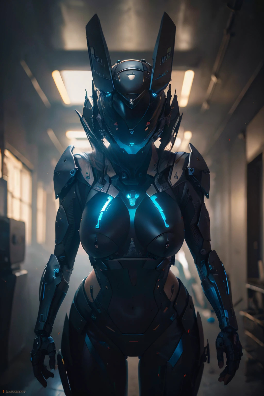 (8k, La mejor calidad, Obra maestra:1.2) una chica (pose sexual) con pechos muy grandes y cola grande muslos hechizantes cuerpo completo y cola grande com armadura mecha Ojos azules y cara extremadamente detallados,hermosos ojos ultra 4k detallados,Light on the face riding a in a dark room, Wojtek FUS, Octane CGsociety, con un arma en la mano futurista cyberpunk, Tendencia de octanaje cyberpunk dark fantasy 8K, fondo de campo de batalla, alie