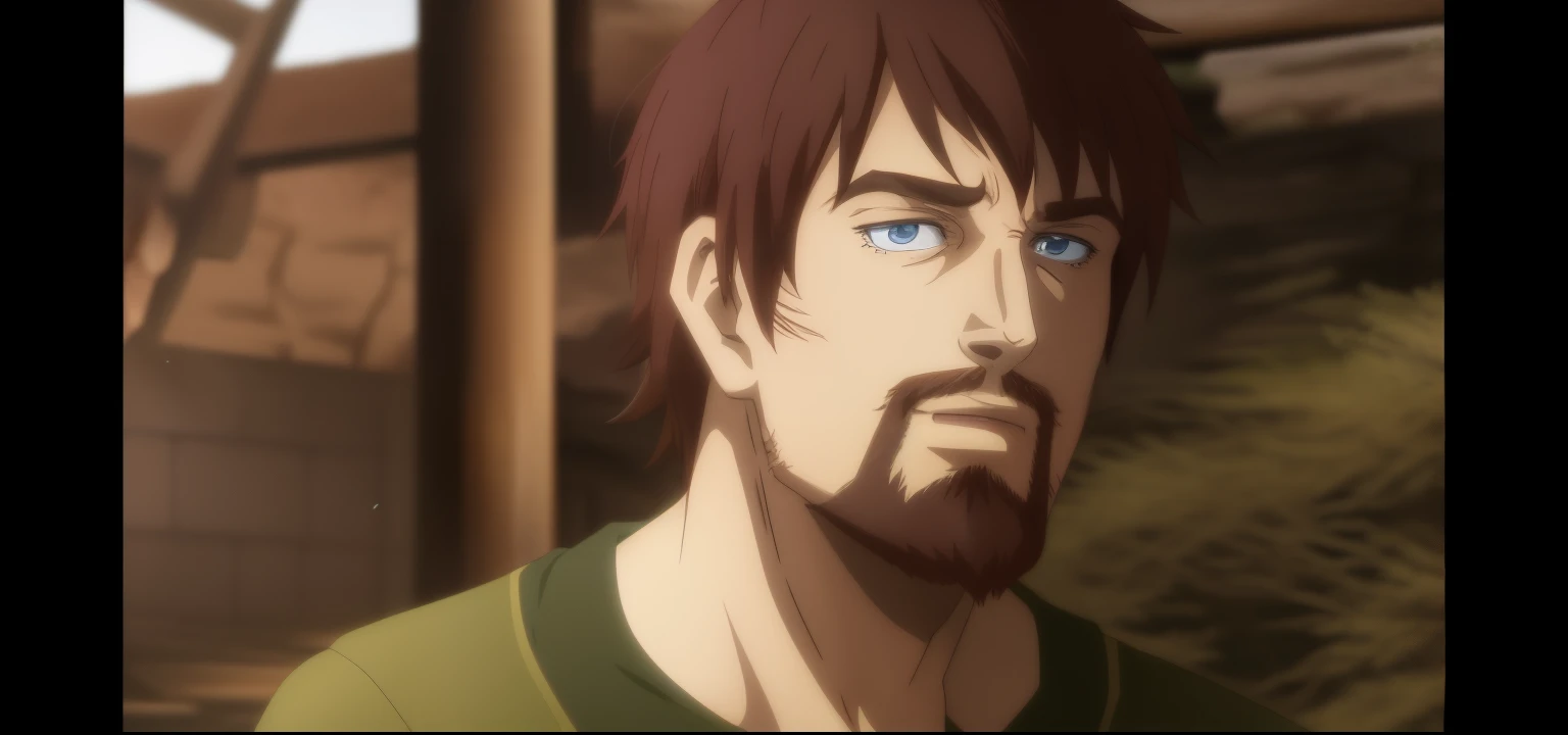 Anime-Mann mit Bart und blauen Augen, der in die Kamera starrt, Boromir in einer Anime-Welt, Vinland-Saga, Boromir in einem 80er\'s Anime-Welt, Portrait of Eren Yeager, (Angriff auf Titanen Anime), Walter White in Angriff auf Titan, In Angriff auf Titan, Eren Jaeger, im Anime-Film, Aus Angriff auf Titan