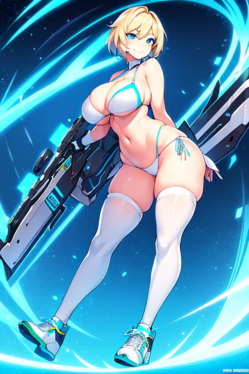 1girl, large breasts, breasts, wide hips, blonde hair, very short hair, short hair, blue eyes, smile, smirk, smug, bikini, white bikini, neon, neon trim, blue neon trim, machinery, tech, futuristic, science-fiction, shoes, sneakers, v-string, thighhighs,