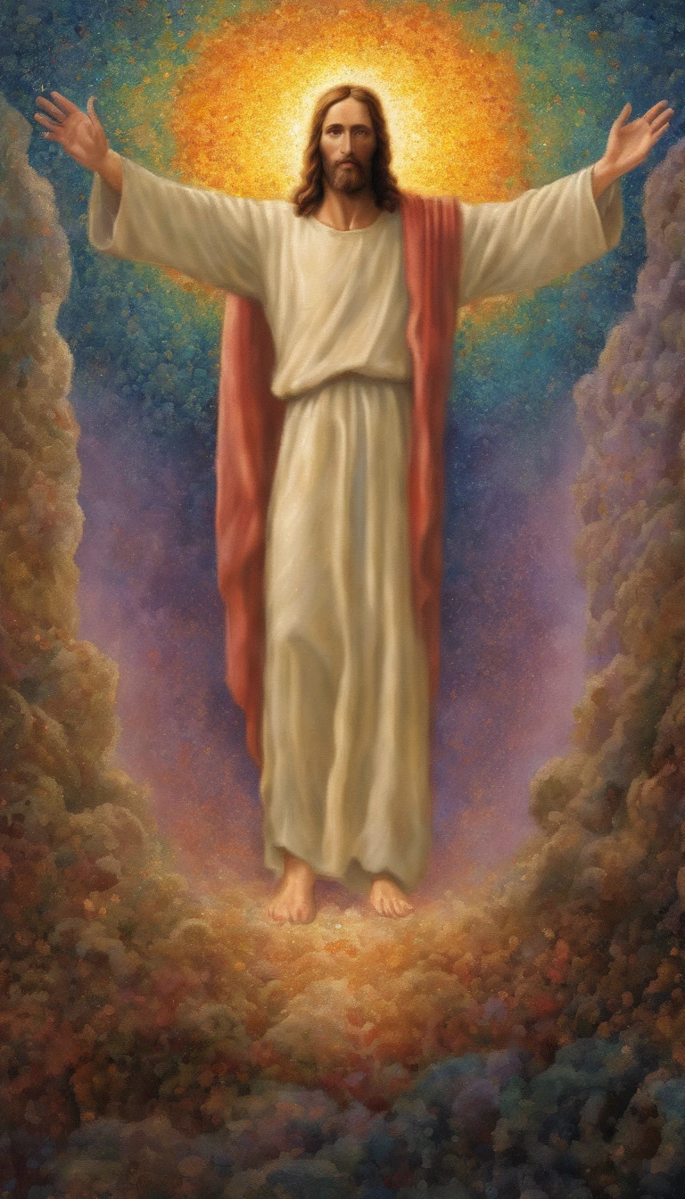 Jesus Christ. biblical image. Biblical history, Very high resolution, ultra-detalhado, Dot painting technique, sombras pontilhadas, detalhes intrincados, Efeitos de textura, gradientes sutis, artesanato fascinante, tons sobrenaturais, paisagens surreais, invisible light, ethereal glow, cores vivas, Aquarela