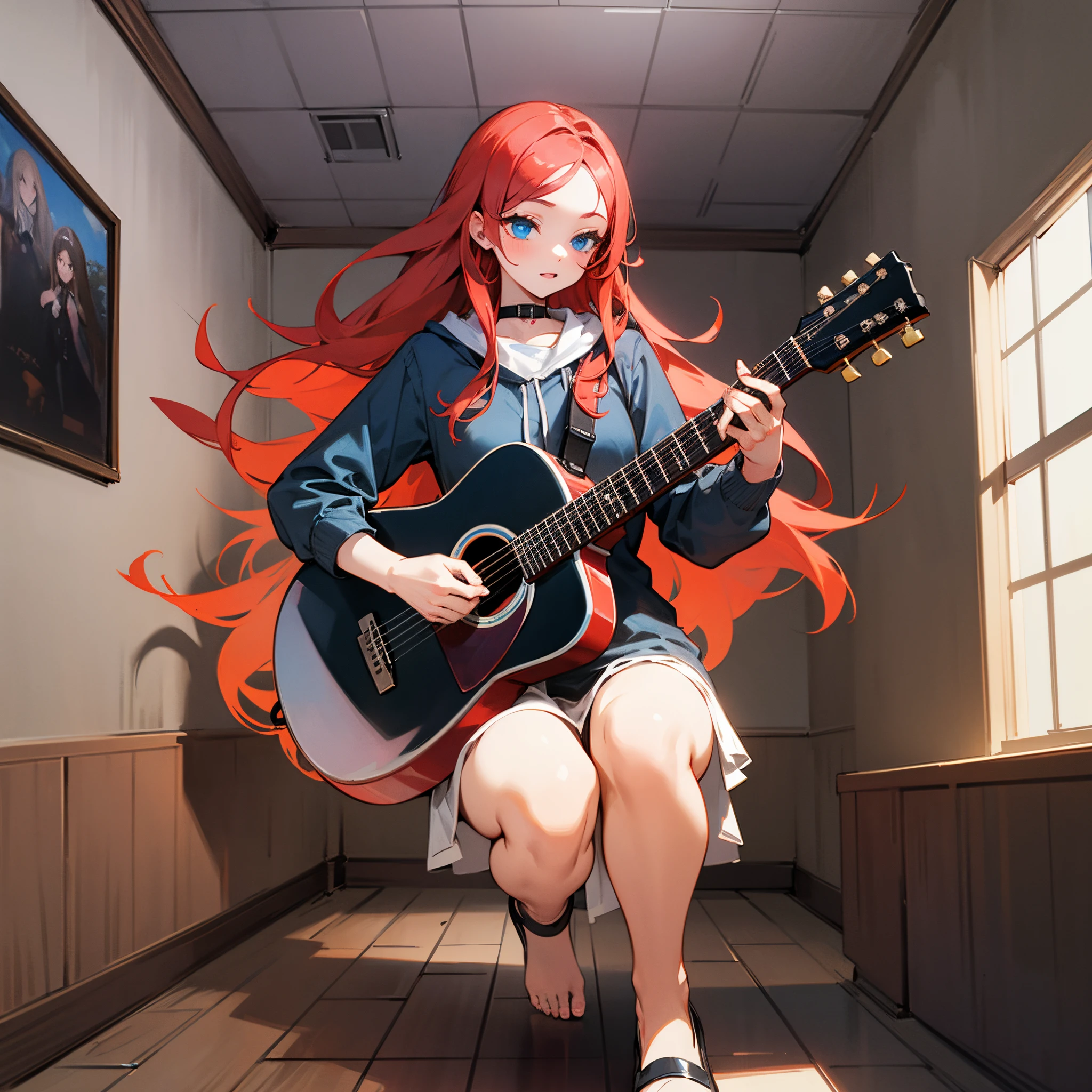 girl with long red hair and blue eyes playing acoustic guitar on the badroom, full body --auto --s2
