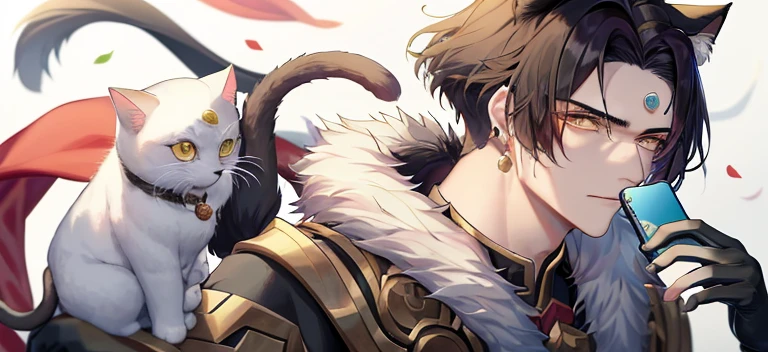 Close-up of a man holding a cat using a mobile phone, 《the original god》Keqing in, 《the original god》Zhongli in Zhongli, Beautiful hermaphroditic prince, Inspired by Bian Shoumin, heise jinyao, Handsome prince, Exquisite androgynous prince, Inspired by Huang Shen, inspired by Guan Daosheng, Handsome guy with cat ears in the art of slaying demons 《Undetermined event book》Lu Jing and black hair in