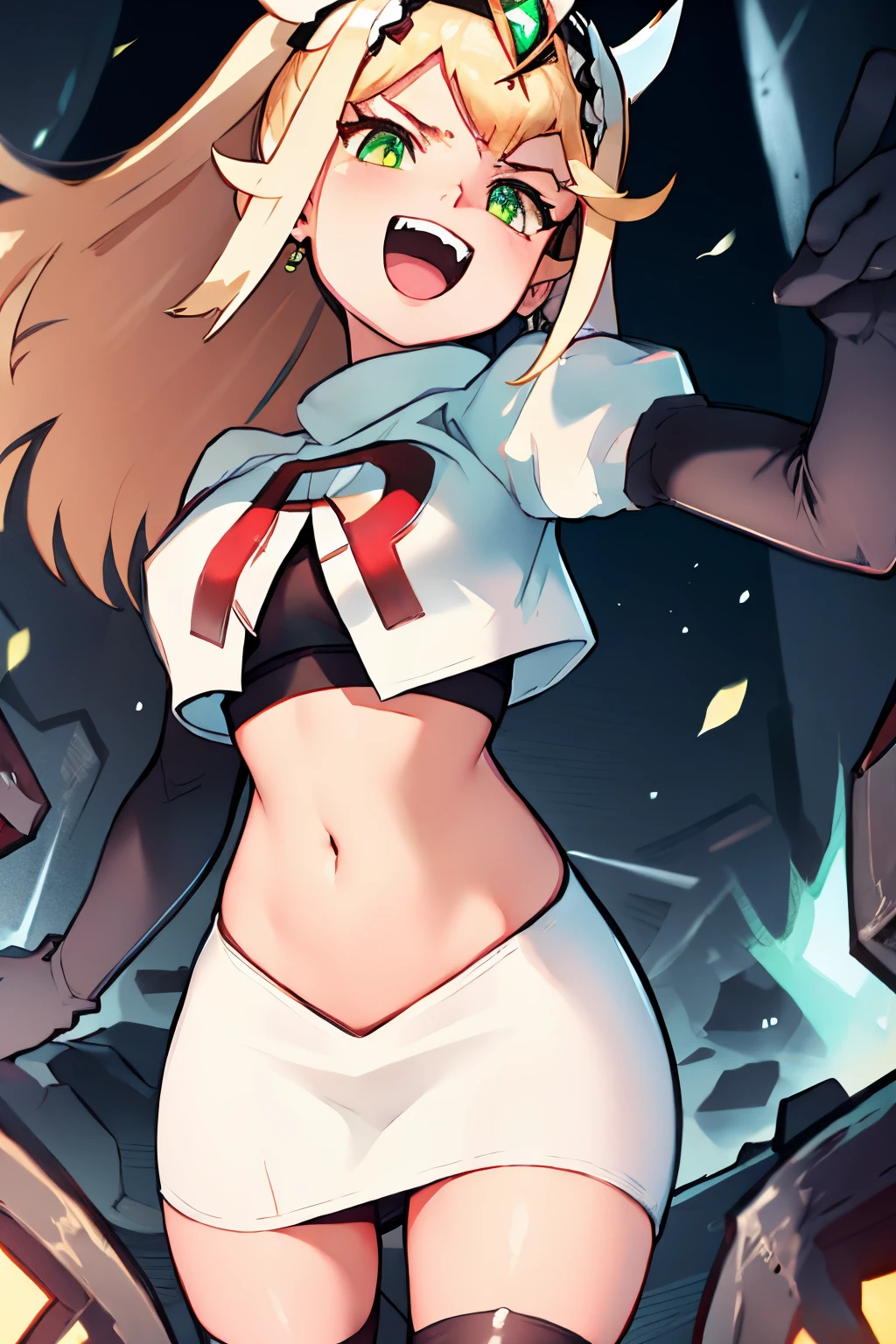 mythra,team rocket,team rocket uniform, red letter R, white skirt,white crop top,black thigh-highs,black elbow gloves, evil laugh