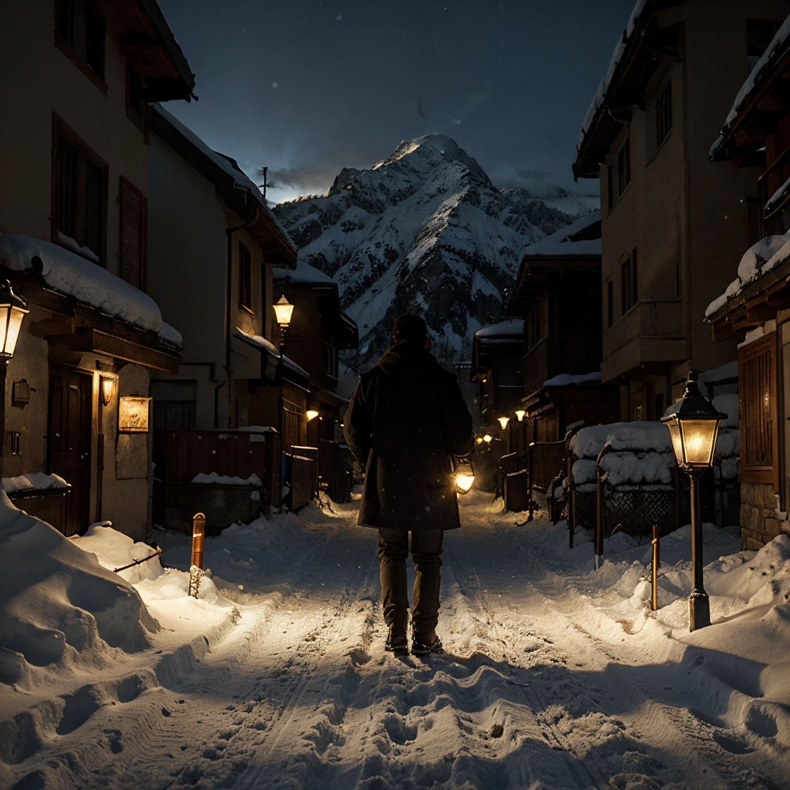 man with his back, holding a lamp, blizzard, mountains with snow, street without light the lighting comes from the lamp, medieval image