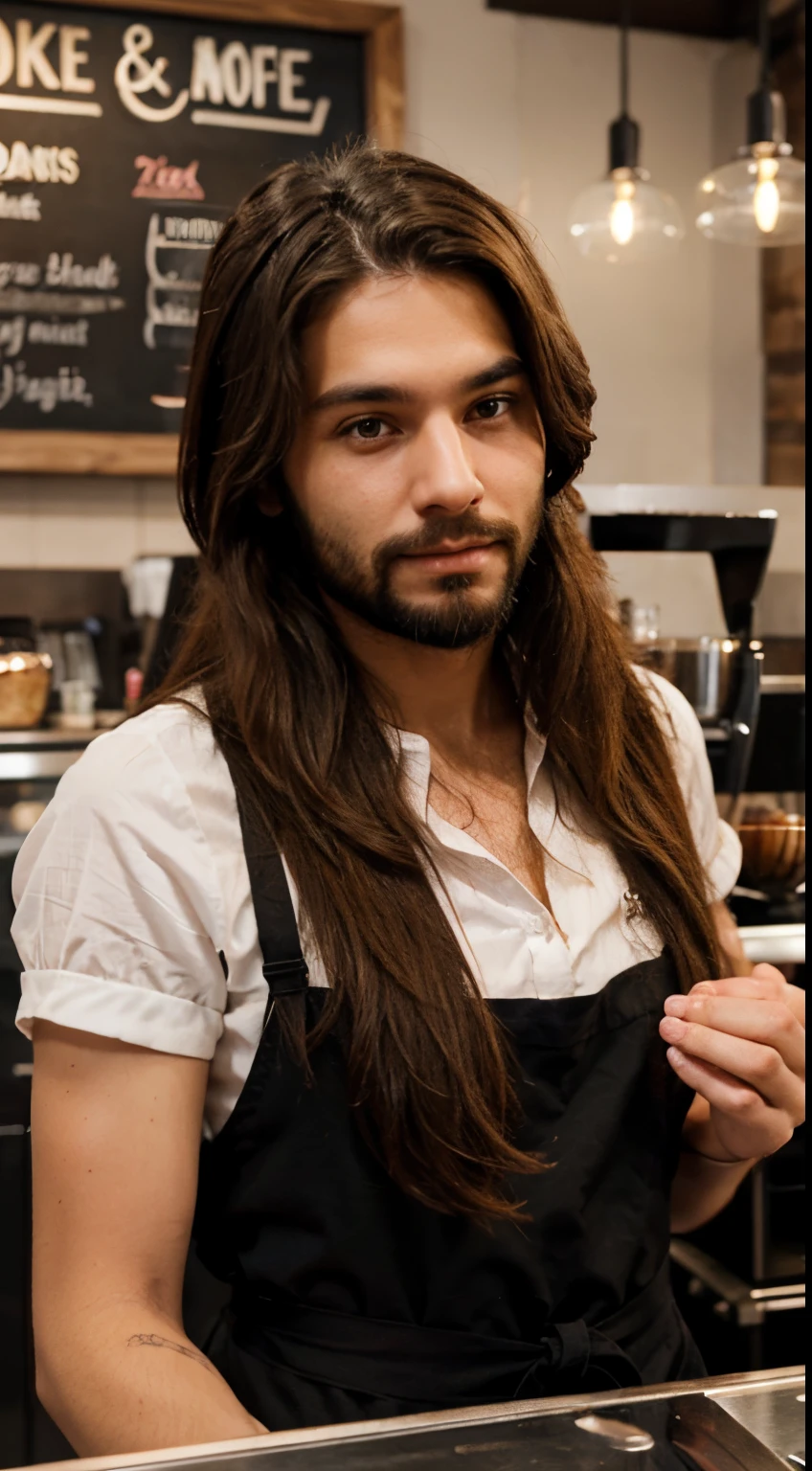 Beautiful cafe worker lady with a beard, long hair, and a manly chiseled hands