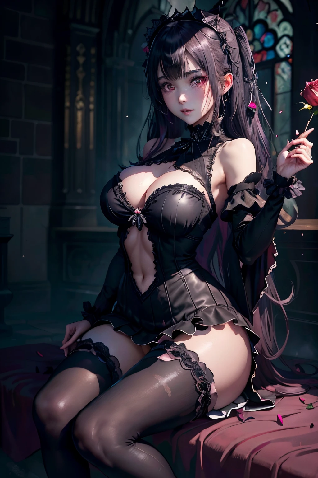 Hard Dark Gothic Makeup、Maniacal、Deep night sky、horor、Black Dark Eyeshadow、crying how bright、mourn、Good skin luster、Dark Gothic Makeup、Dark smile、Restless Palace、Expressions of  arousal、Fragrant beauty、22year old、Lying、seductiv、Strong  pleasure facial expressions、A look of shame、Dark Gothic、Gothic lolita、bell sleeves、Wizard Sleeve、Obscene look、Stained glass background、masutepiece、Best Quality、Refers to 5 books、Sweat glitters on my chest、Expression of  pleasure in anguish、Drunken face、maid clothes、Mysterious、noble、Face holding back the toilet、flirty gothic loli clothes、the body is wet and shiny、Transcendent  appeal、Lots of glitter on the thighs、I'm sweating a lot、Affectionate smile、twin-tail hair、my thighs are so wet、jet black ruffle skirt、Shaded、blue eye on the right, Red eye on the left、Gothic bed covered with roses、Transcendent Bewitching Pose、Arch the back、stick out buttocks、knee high socks、thigh-high socks、A lot of sweat and stickiness on the thighs、Lots of sticky shiny thighs、Sweat shining generously on the thighs、The whole body is shiny with sweat、Glamour、A sexy、platform heel shoes、Quite sweaty、My thighs are sweaty、heavy make up、Breast size is modest、black lipstick、Heavy dark gothic long dress、bright pink hair、Long hair straight hair、stain glass、black metal world、sloppily open your legs、Thighs are more glamorous、Beauty the world、sit on a bed of roses、Goth loli clothes、