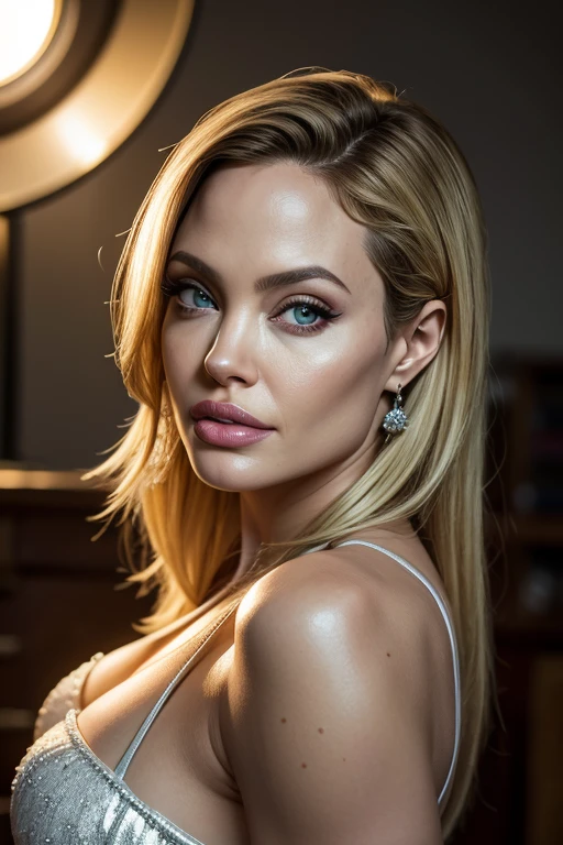 (best quality,4k,Alto:1.2),ultra-detalhado,Realistic,retrato,pintura,profissional,studio lighting,vivid colors,foco nítido,Physically-based rendering,HDR,olhos e rosto extremamente detalhados,beautiful detailed lips,long eyelashes,Actriz Angelina Jolie,Mulher 20 years, blond,Curvy,,Looking at the Viewer, , loiro