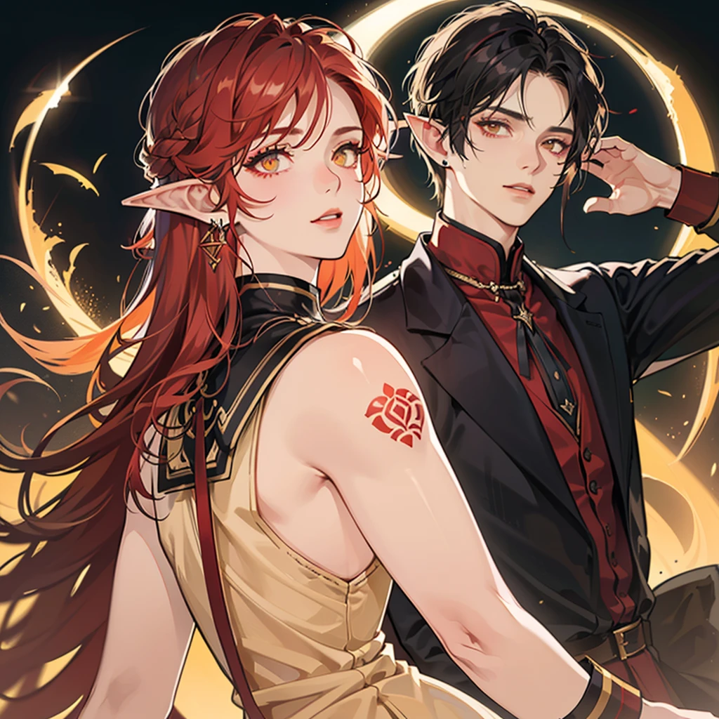 (best quality,4k,8k,highres,masterpiece:1.2),ultra-detailed,(realistic,photorealistic,photo-realistic:1.37),portrait,anime,high contrast, vibrant colors, dramatic lighting, dark background, captivating gaze, expressive features, red hair, bright red hair, intricate hair strands, intricate eye details, flowing hair movement, enchanting smile, detailed elf ears, captivating expression, glowing golden eyes, defined jawline, chiseled facial features, intense gaze, charismatic personality, alluring makeup, red vest revealing sculpted chest, metallic gold tattoos shining on exposed arms, hand outstretched to camera, delicate earrings adding final touches.