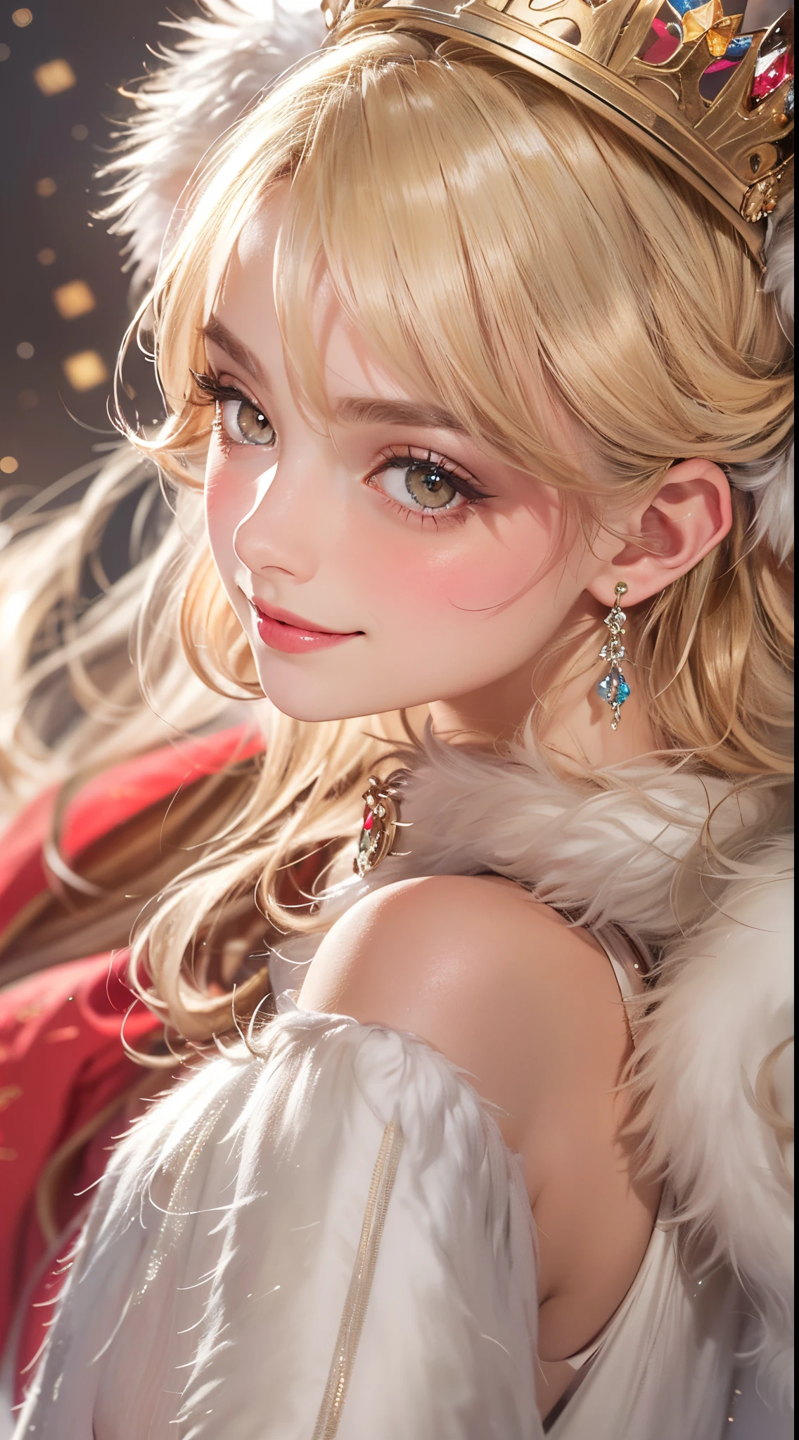 (UHD, retina, masterpiece, ccurate, anatomically correct, textured skin, super detail, high details, high quality, best quality, highres, 1080P, HD, 4K, 8k, 16k), (beautiful detailed eyes, beautiful detailed lips, extremely detailed eyes and face), studio lighting, physically-based rendering, vivid colors, (big tits, super big tits, super extra big tits, glamorous body), (crown, luxurious red cloak, white fur, jewels, ornaments, royal coat of arms), (portrait, blonde hair, shiny hair, shiny skin), (bokeh), (tilt your head to the side:1.5), eye reflection, (blush, smile:1.5),