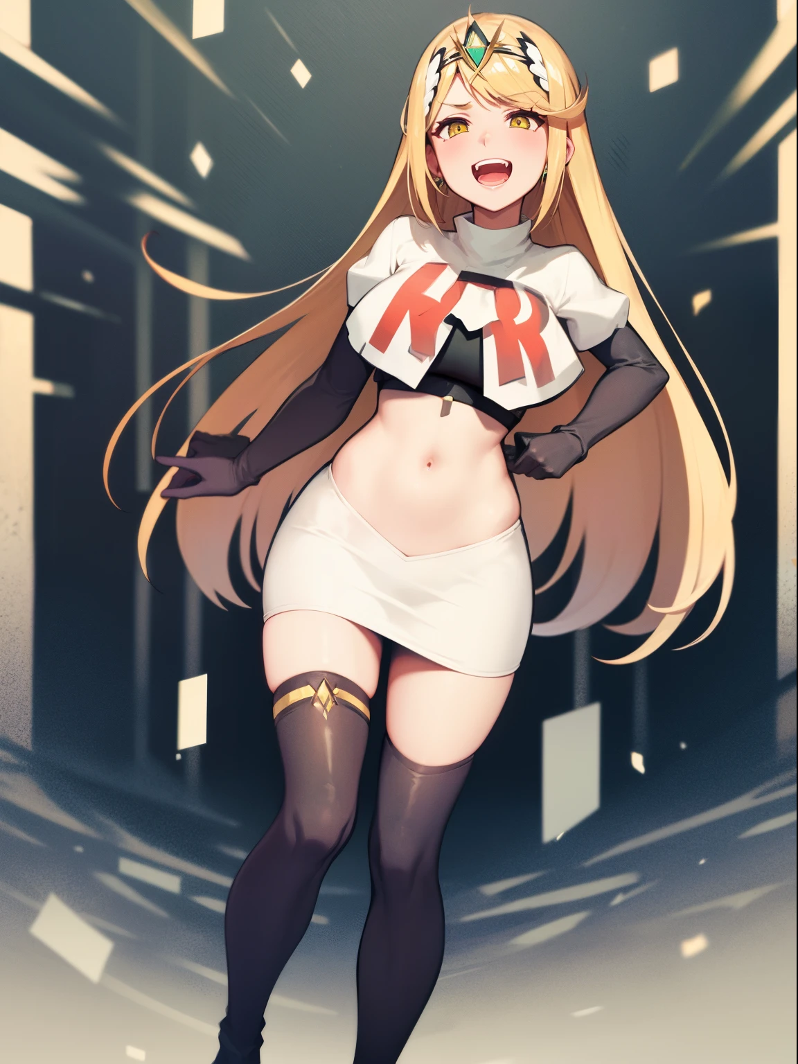 mythra \(xenoblade\), blond hair, yellow eyes, team rocket uniform, red letter R, white skirt,white crop top,black thigh-high boots, black elbow gloves, evil laugh,