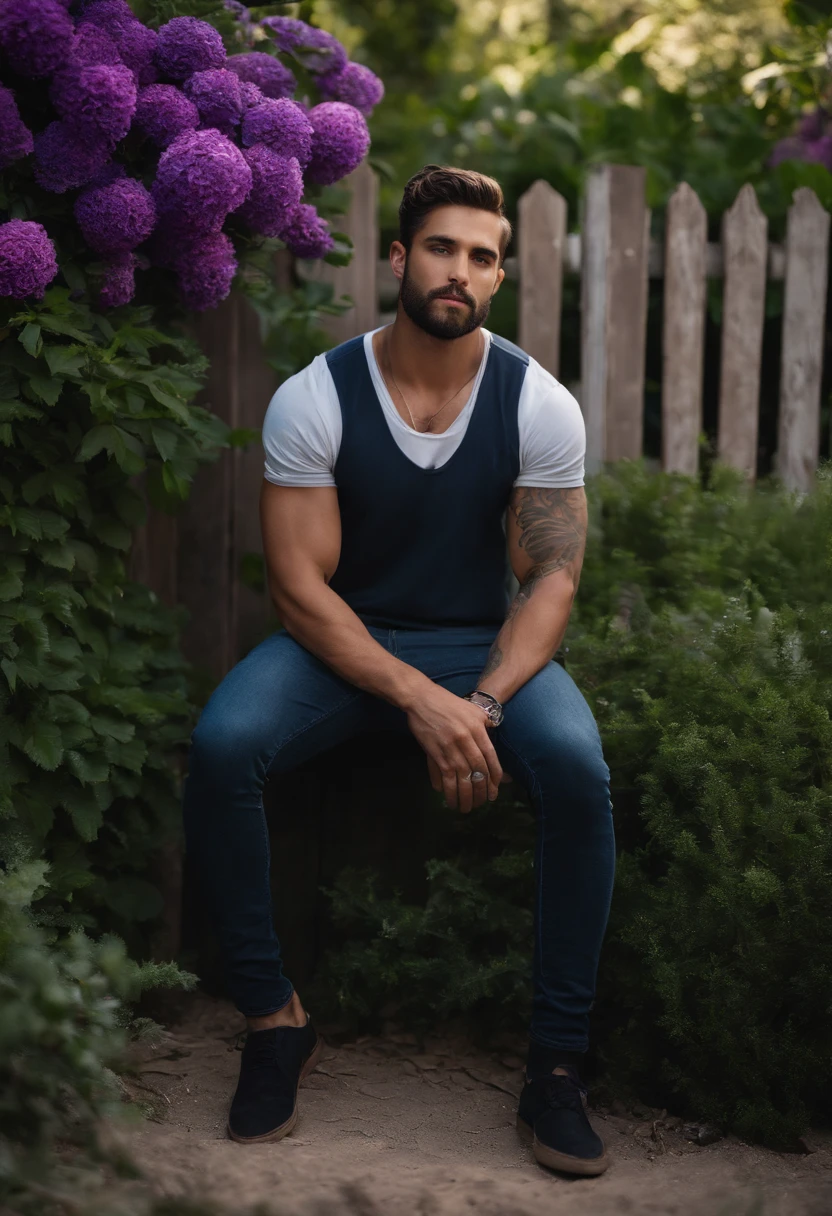 arafed man standing in front of a fence with purple flowers, zac retz, hasan piker, arian mark, borja, raphael lecoste, jake parker, zachary corzine, by Adam Dario Keel, with a beard and a black shirt, asher duran, jay bauman, diego fazio, liam, attractive man, daniel mirante