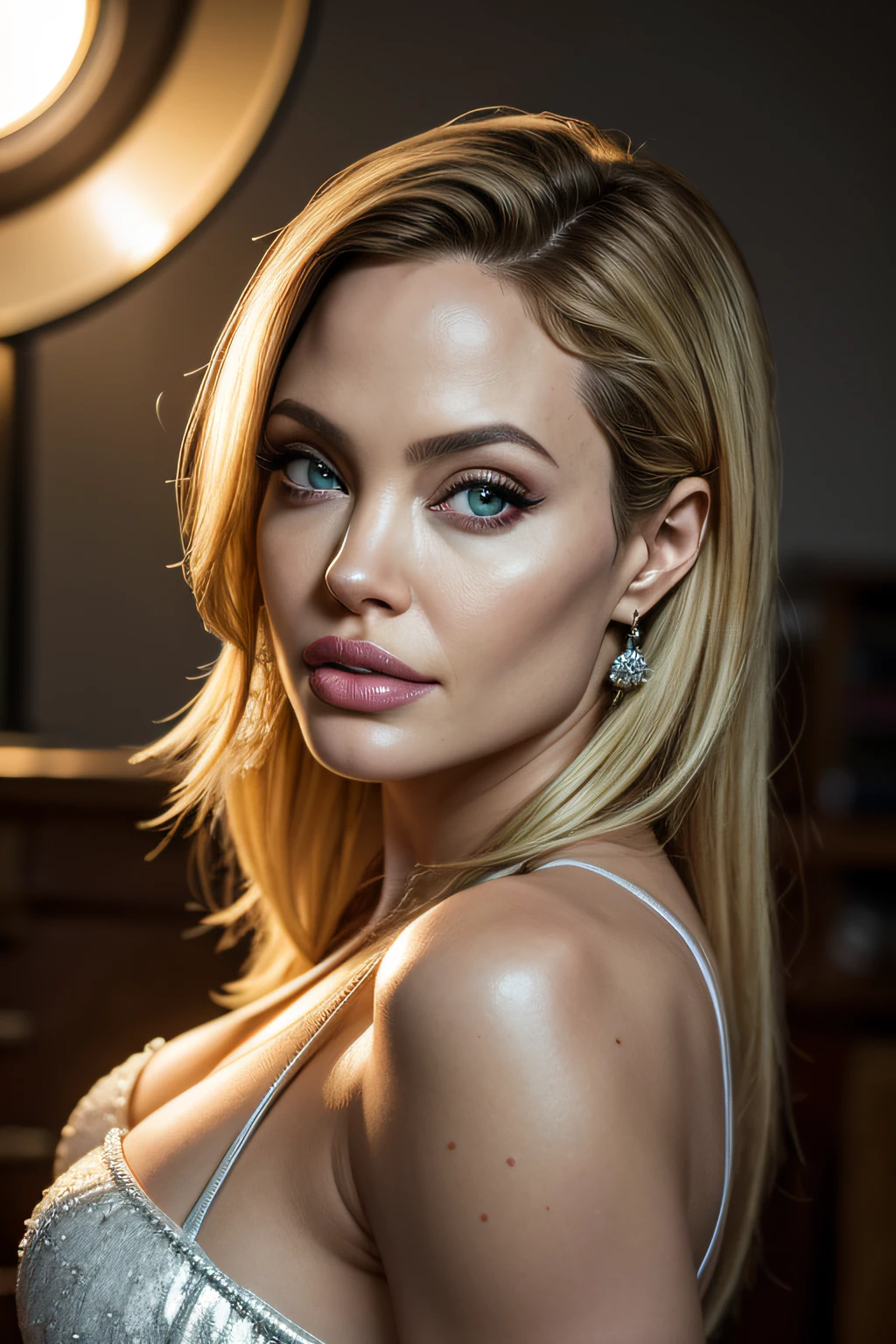 (best quality,4k,Alto:1.2),ultra-detalhado,Realistic,retrato,pintura,profissional,studio lighting,vivid colors,foco nítido,Physically-based rendering,HDR,olhos e rosto extremamente detalhados,beautiful detailed lips,long eyelashes,Actriz Angelina Jolie,Mulher 20 years, blond,Curvy,,Looking at the Viewer, , loiro
