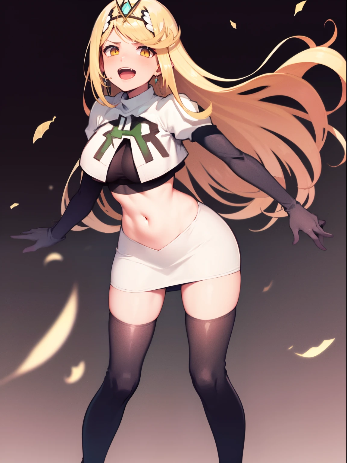 mythra \(xenoblade\), blond hair, yellow eyes, team rocket uniform, red letter R, white skirt,white crop top,black thigh-high boots, black elbow gloves, evil laugh,