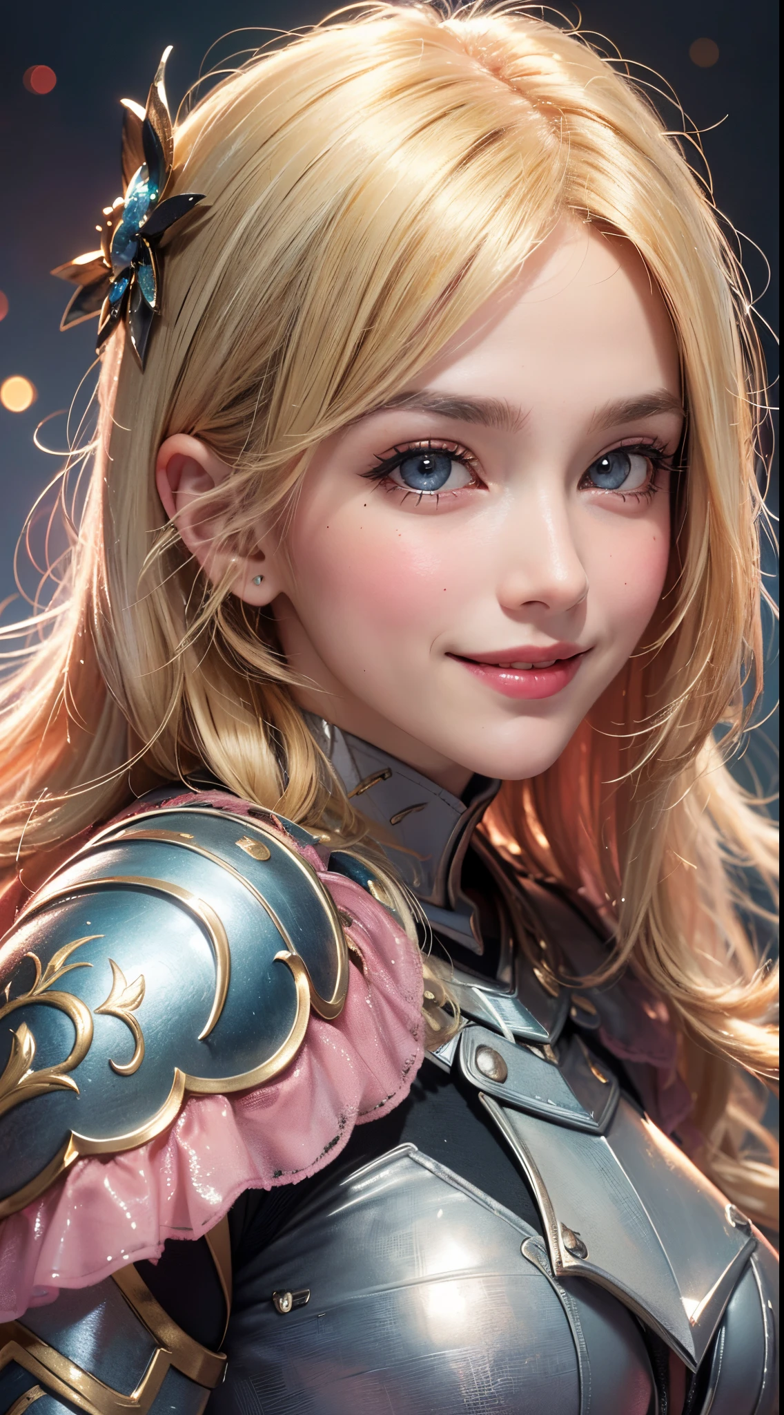 (UHD, retina, masterpiece, ccurate, anatomically correct, textured skin, super detail, high details, high quality, best quality, highres, 1080P, HD, 4K, 8k, 16k), (beautiful detailed eyes, beautiful detailed lips, extremely detailed eyes and face), studio lighting, physically-based rendering, vivid colors, (big tits, super big tits, super extra big tits, glamorous body), (knight:1.5), (portrait, blonde hair, shiny hair, shiny skin), (bokeh), (tilt your head to the side:1.5), eye reflection, (blush, smile:1.5),