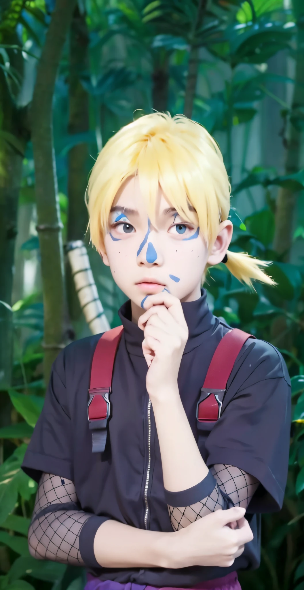 Real life adaption of this character , handsome litt , realistic same spiky hair , (realistic same outfit),realistic jungle background , realistic light, realistic shadow, realism, hyper realistic,(photorealistic:1.2), normal small eyes,there is realistic same katana on the back