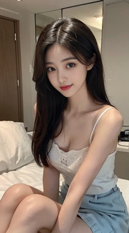 20 year old cute Korean,large round chest,,Camisole,skirt by the,beautiful eyes in detail,eye lashes,beautiful double eyelid,eyeshadows,dropping eyes,(elongated eyes:1.2,Narrow eyes:1.1),Detailed realistic hands,Detailed realistic fingers,(thin beautiful thighs,Beautiful thin legs),Perfect eye makeup,(((Tempting smile,Maybe appearance,Evil expressions)),fully body photo:1.2