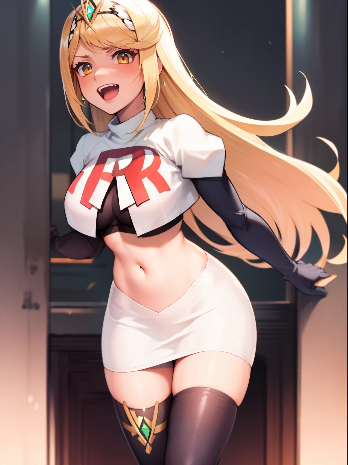 mythra \(xenoblade\), blond hair, yellow eyes, team rocket uniform, red letter R, white skirt,white crop top,black thigh-high boots, black elbow gloves, evil laugh,