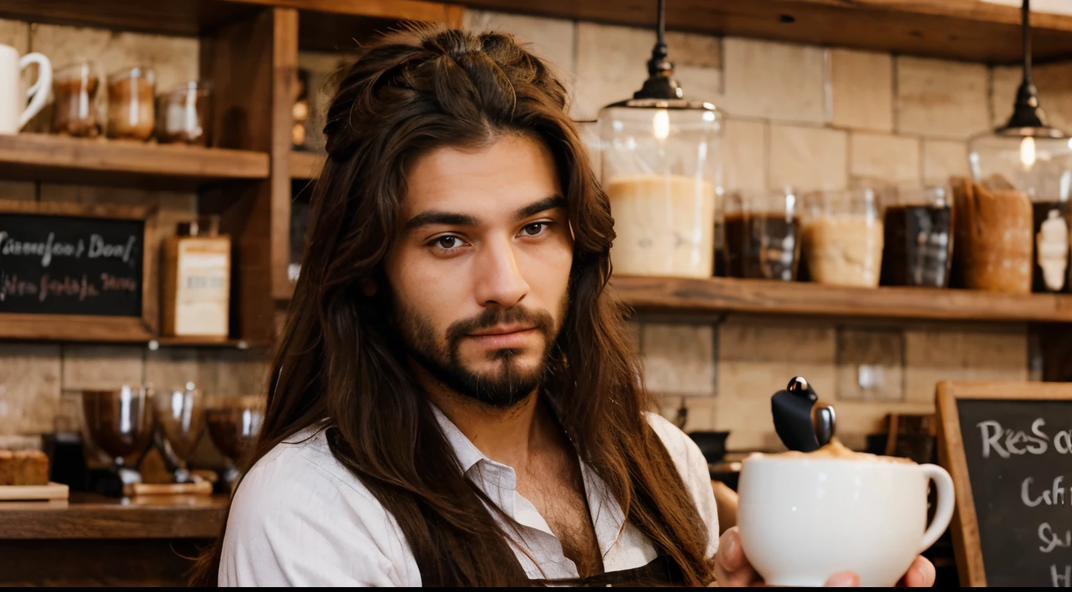 Beautiful cafe worker lady with a beard, long hair, and a manly chiseled hands