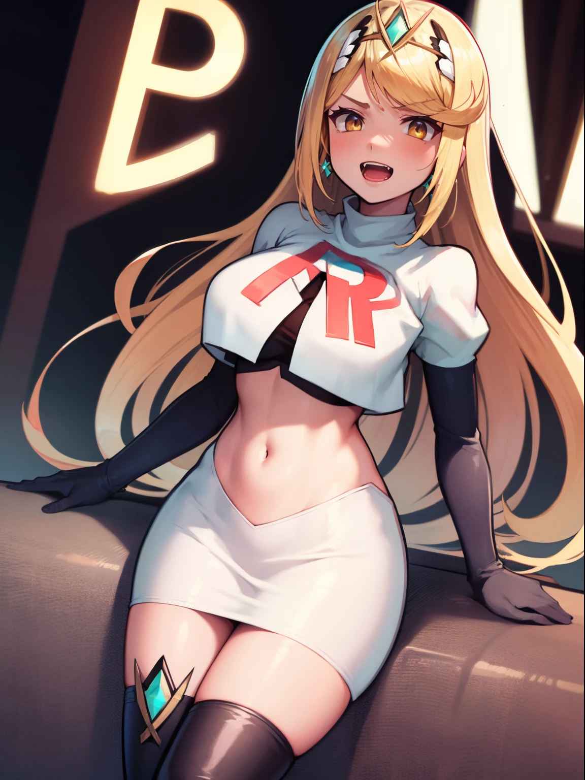 mythra \(xenoblade\), blond hair, yellow eyes, team rocket uniform, red letter R, white skirt,white crop top,black thigh-high boots, black elbow gloves, evil laugh,