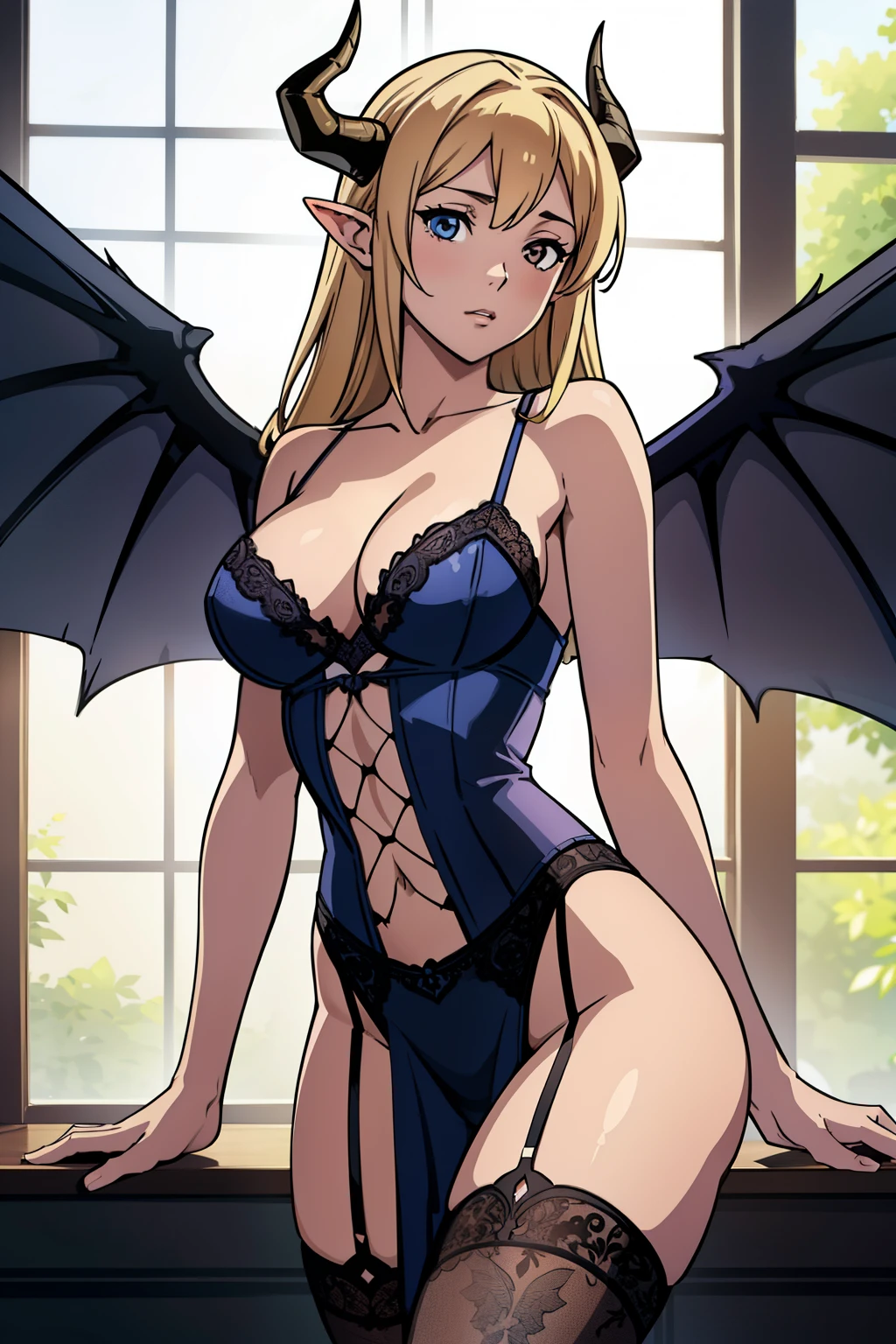 A beautiful girl with angelic features wearing lace lingerie and fishnet stockings. She has hotified attributes, with detailed wings and prominent horns. The artwork is a masterpiece, created with high resolution to showcase every intricate detail.