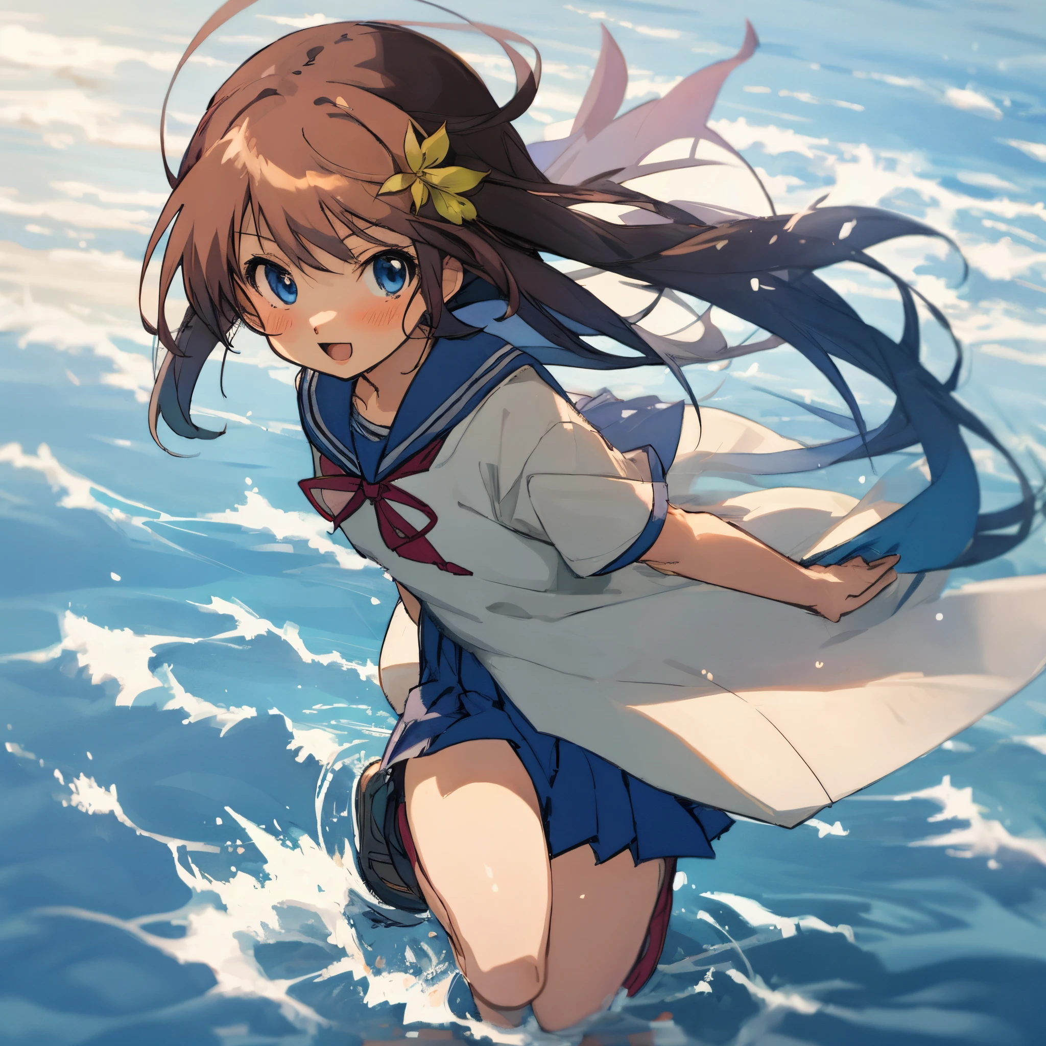 (masterpiece), (Highest quality), (Very detailed), Realistic, (Best illustrations), (Very delicate and beautiful), One girl, Shio-chan, alone, Very detailed風景, (Tan Lines), One piece swimsuit, Old school swimsuit, hair ornaments, smile, whole body, Detailed Background, water scenery, sunlight, Orange sailor collar, White shirt, No sleeve, Brown eyes, Short Ponytail, Wear a swimsuit under your clothes, swimming, Submerged, Freediving,