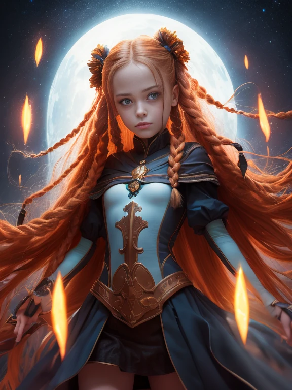 1girl, solo, full body, (masterpiece:1.21), (best quality:1.2), colorful, (illustration:1.2), (cinematic lighting:1.1), magic lights, floating , genitalia visible, naked , spread legs, ginger long hair with braids, floating hair, magical lights in her hands, glowing eyes, focus expression, mage battle pose