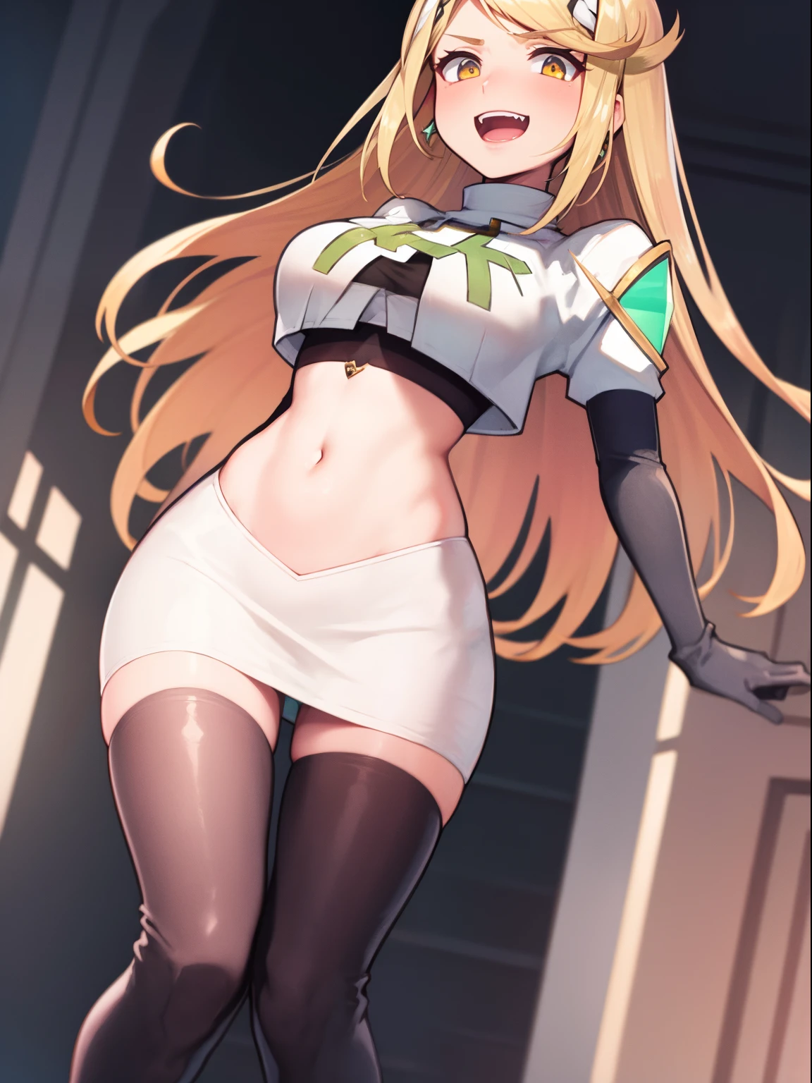 mythra \(xenoblade\), blond hair, yellow eyes, team rocket uniform, red letter R, white skirt,white crop top,black thigh-high boots, black elbow gloves, evil laugh,