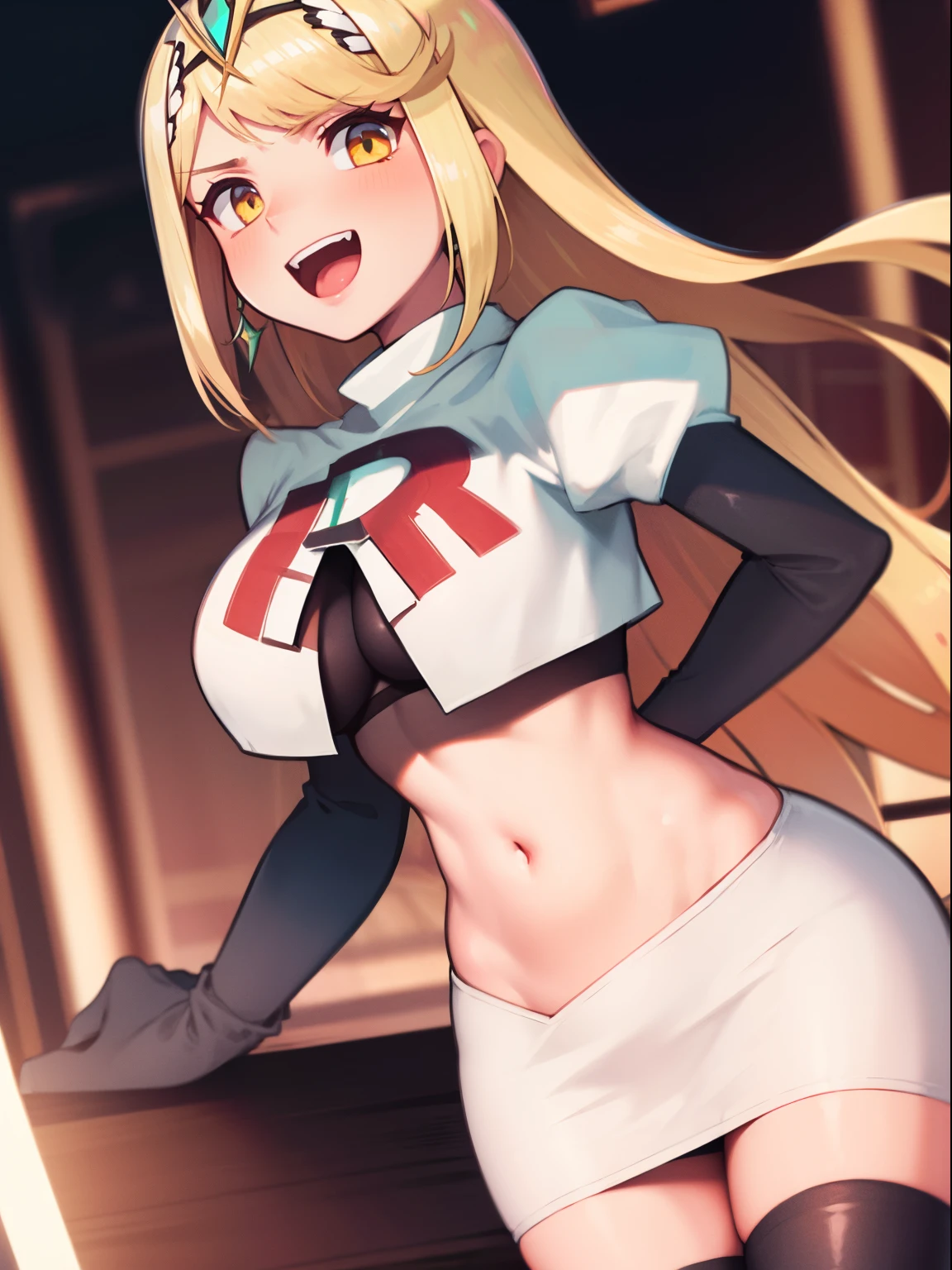 mythra \(xenoblade\), blond hair, yellow eyes, team rocket uniform, red letter R, white skirt,white crop top,black thigh-high boots, black elbow gloves, evil laugh,