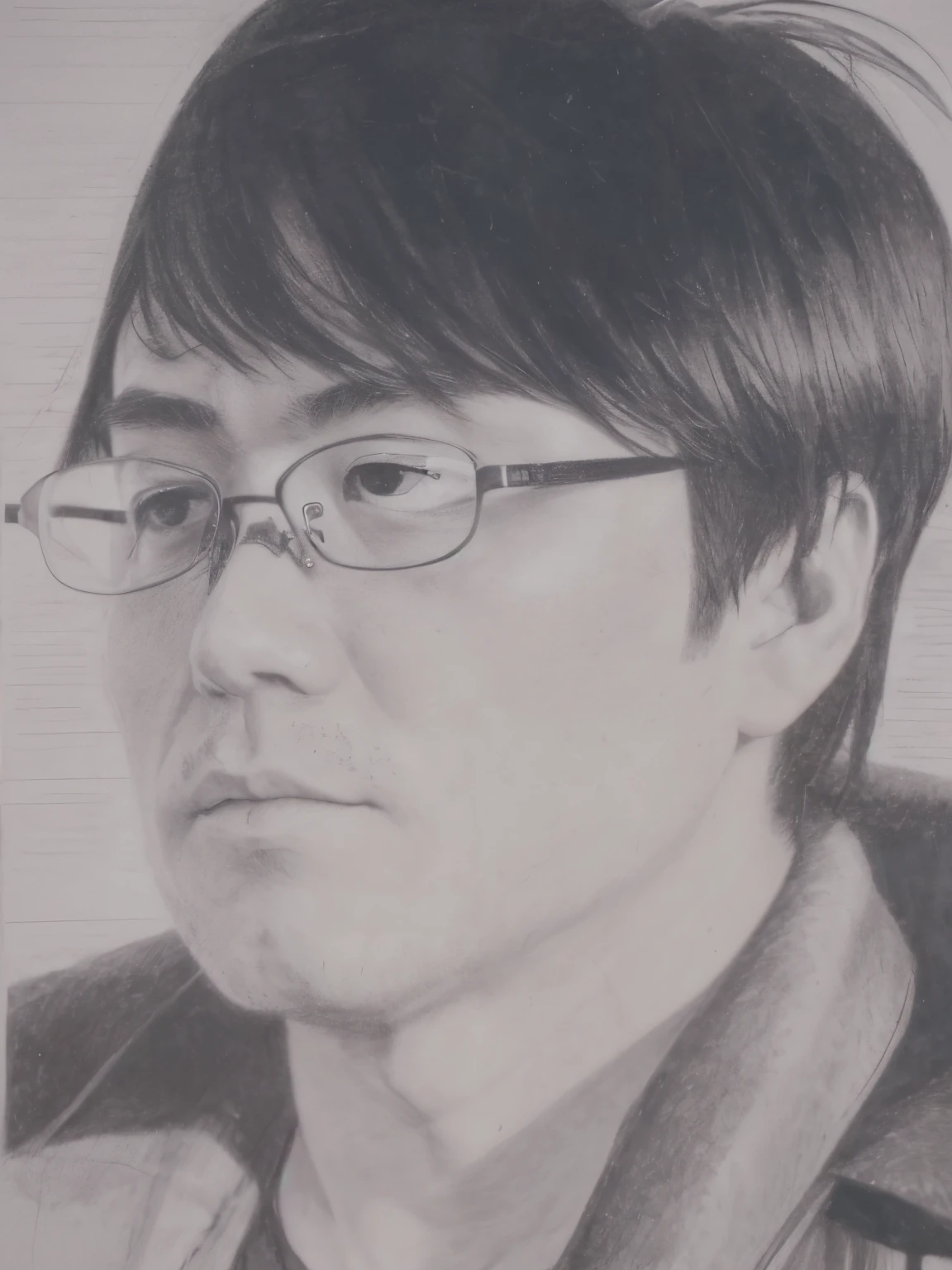 realistic self portrait in pencil, black and white, ((Shuzo Oshimi)), side angle, face focus, wearing glasses, wearing coat, close up shot of face, perfect eyes,