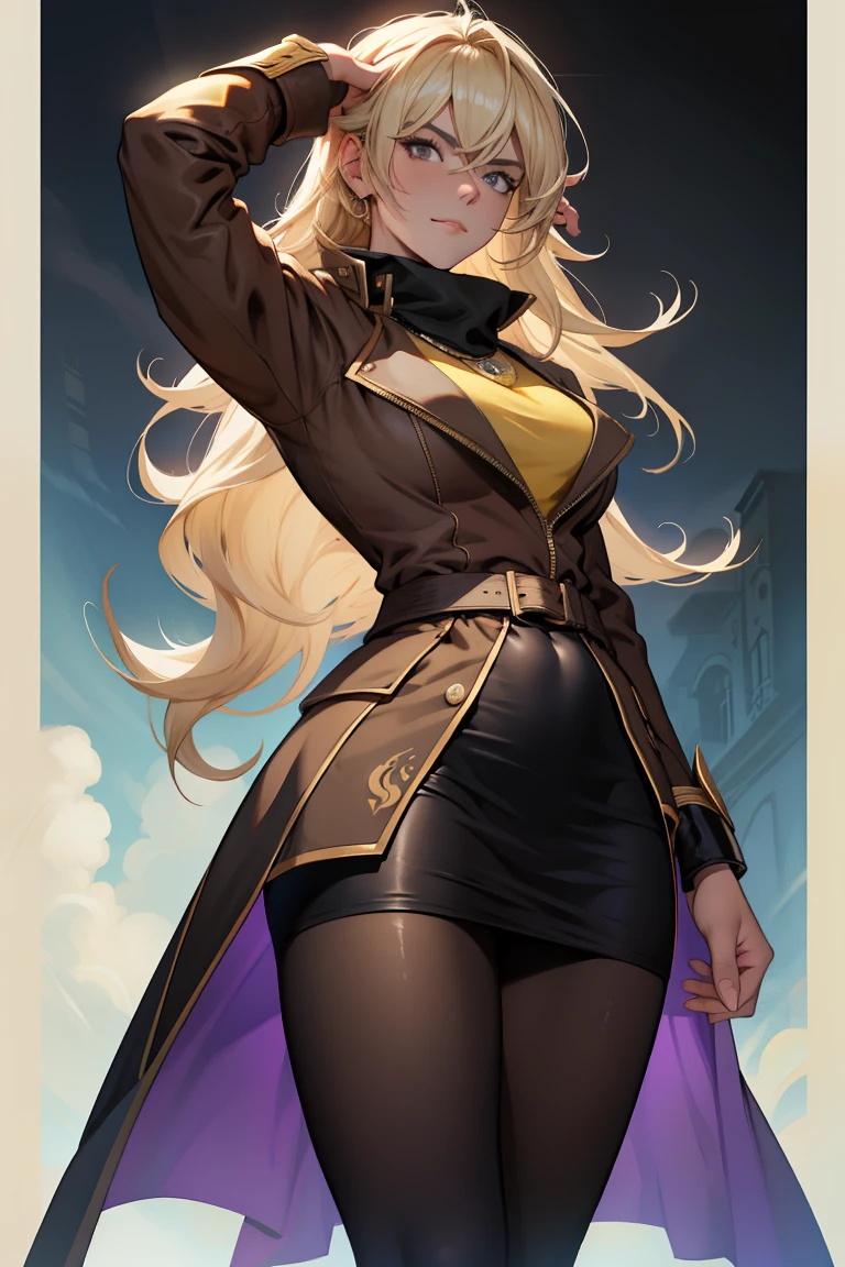 Yang Xiao Longo ((master part)), ((best quality)), (cabelos loiros), (Cabelos Longos), ((!!penteado nos cabelos: um rabo de cavalo alto!!)), (olhos roxos cintilantes), 20 anos, (1girl), (Vestido midi preto, Botas pretas de cano alto, Black pantyhose), (Dufflecoat roxo), hero pose