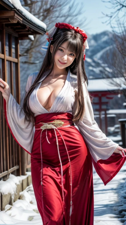(masutepiece:1.3, Photorealsitic:1.4, 8K), top-quality, ​masterpiece, 超A high resolution, Perfect dynamic composition, Highly detailed skin and facial texture:1.3, A detailed eye, Detailed limbs, Night precincts in snowy country:1.2, 1girl in, Cute sexy 22 year old slim woman, Fair skin, ((Natural smile:0.9, Totally captivates you:1.0)), ((accurate shrine maiden costume)), ((voluptuous breasts:0.9)), (Facing the front, randome pose), (Beautiful blue eyes, Eyes that feel beautiful eros:0.85), Sexy face:0.4, (A mouthfeel that feels beautiful eros:0.85), ((Too cute beauty:0.9))