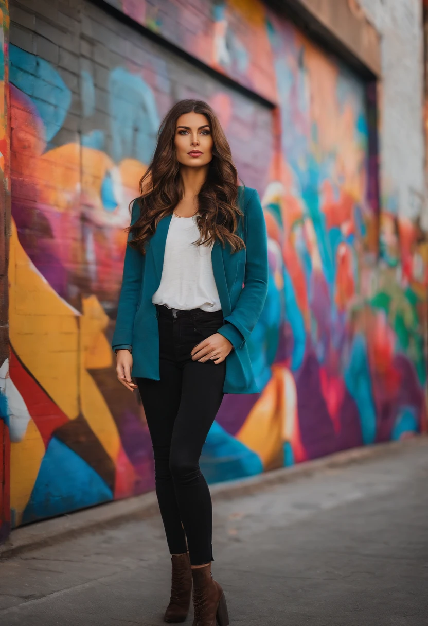 Amelie poses in front of a trendy and colorful street art mural, she's wearing a stylish and artistic outfit,original,Amelie is a beautiful fashion model. She has long brown hair and is 5’9 inches tall. , female