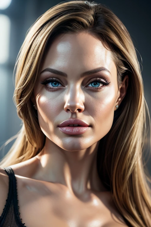 (best quality,4k,Alto:1.2),ultra-detalhado,Realistic, photo, professional, studio lighting, vivid colors, sharp focus, Physically-based rendering,HDR, extremely detailed eyes and face, beautiful detailed lips, long eyelashes, Actriz Angelina Jolie, woman 20 years, blond, Curvy, Looking at the Viewer,