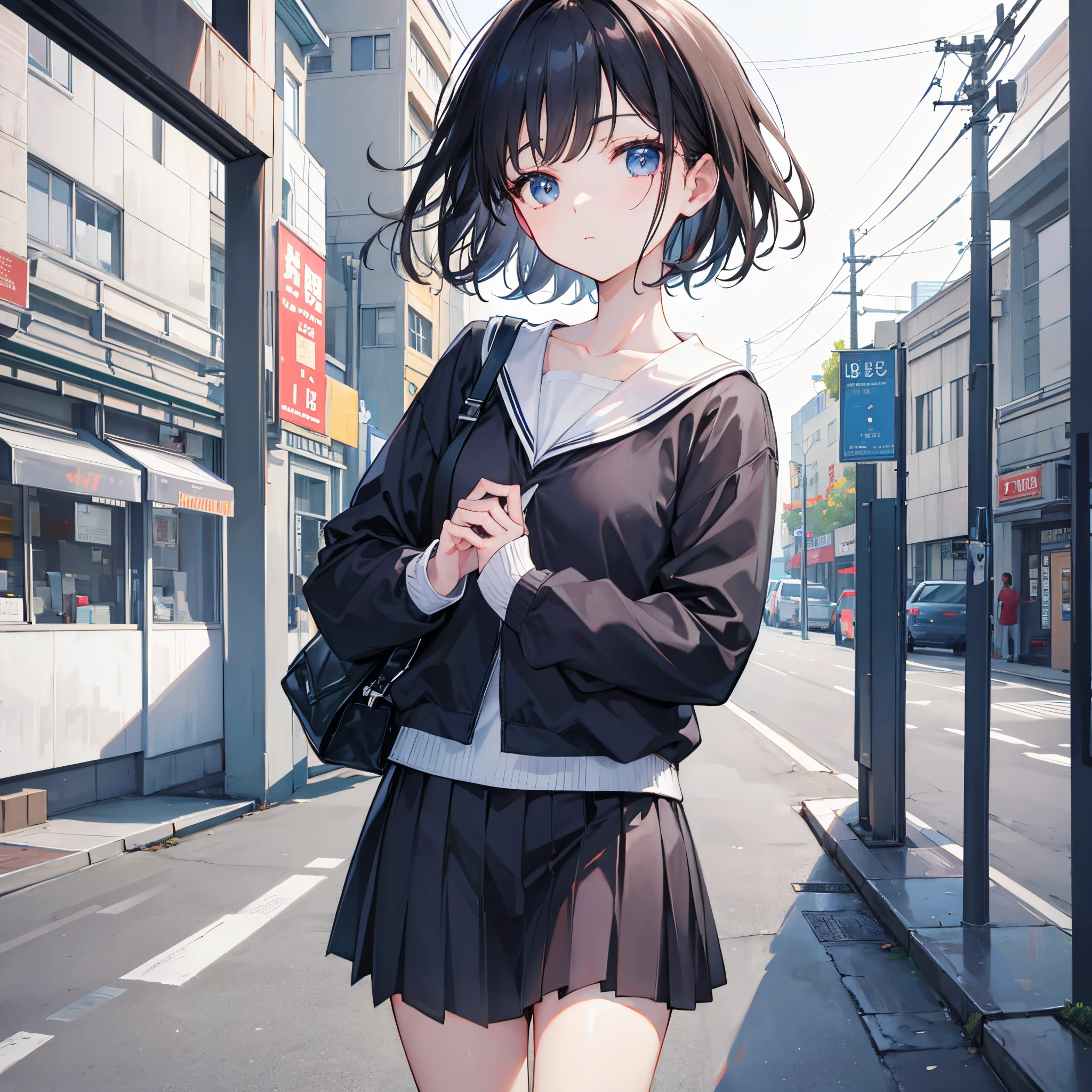 top-quality、masterpiece、hi-school girl、a miniskirt、Sitting on the ground with knees upright、in a street、looking at the viewers、Kamimei