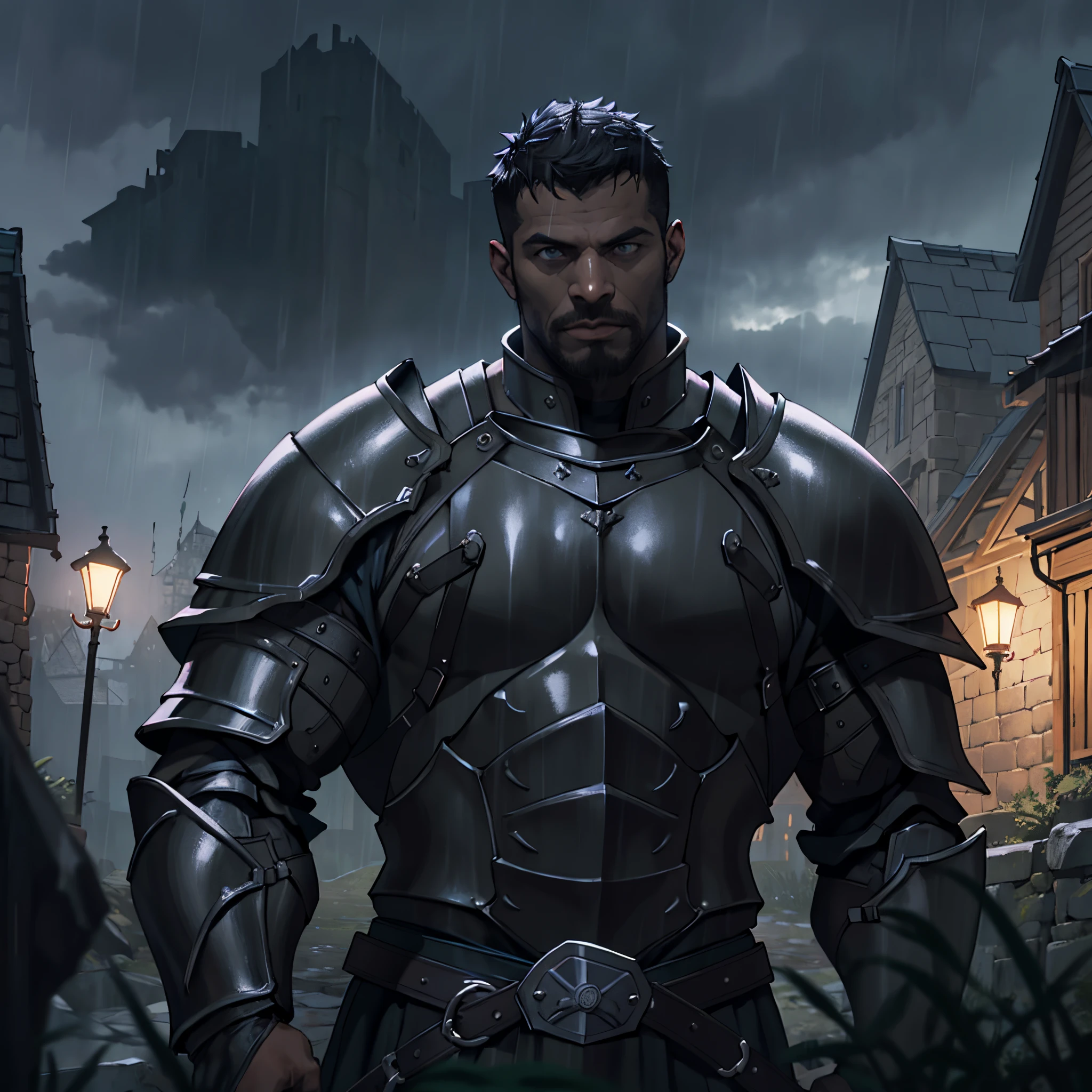 ​masterpiece, Best Quality, person upper body, detailed, 4k, Cinematics, Background with: Inside the illuminated medieval village in front of the medieval castle on a rainy night, dark clouds, thunderstorm, black knight in black steel armor (Black man with short hair), Black steel armor on the chest